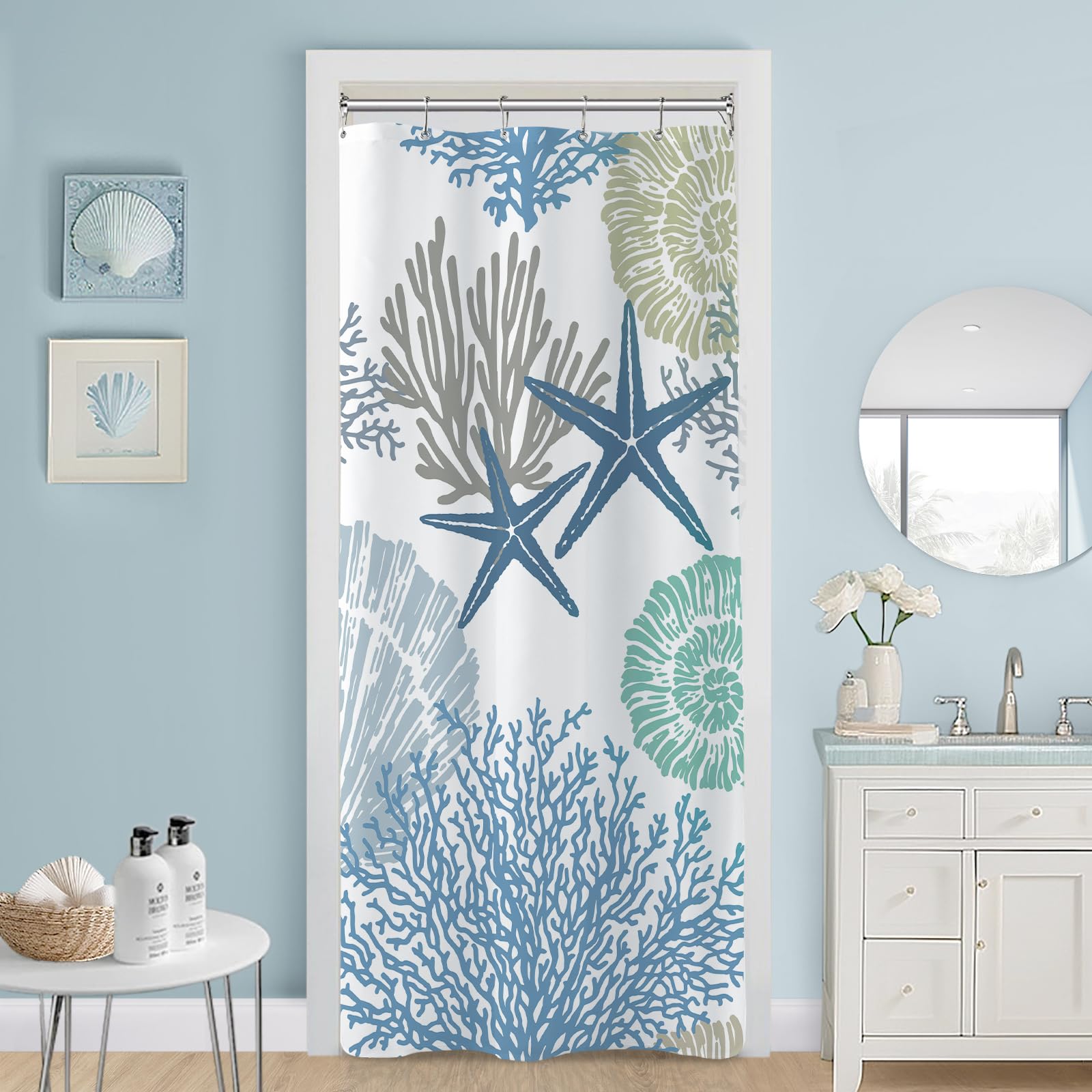 36 x 72 Inch Nautical Coastal Shower Curtain - Tropical Seashell Starfish Coral Beach Ocean Theme Bathroom Decor for Small Spaces, Dorms & Apartments | Waterproof & Easy to Clean | Perfect for Coastal, Beach House or Summer Bathroom Design