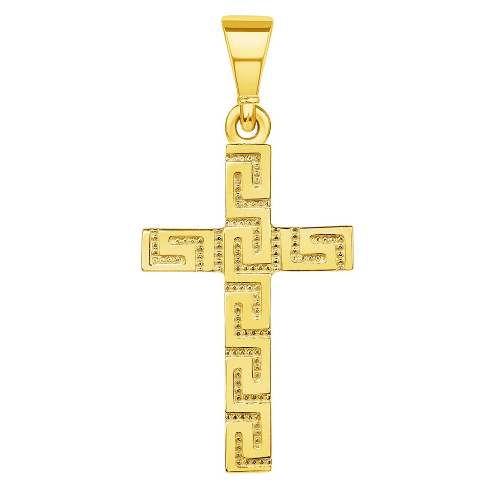 14K Yellow Gold Greek Key Religious Latin Cross Pendant Necklace for Women - Reversible Christian Jewelry Gift for Baptism, Confirmation & Everyday Wear
