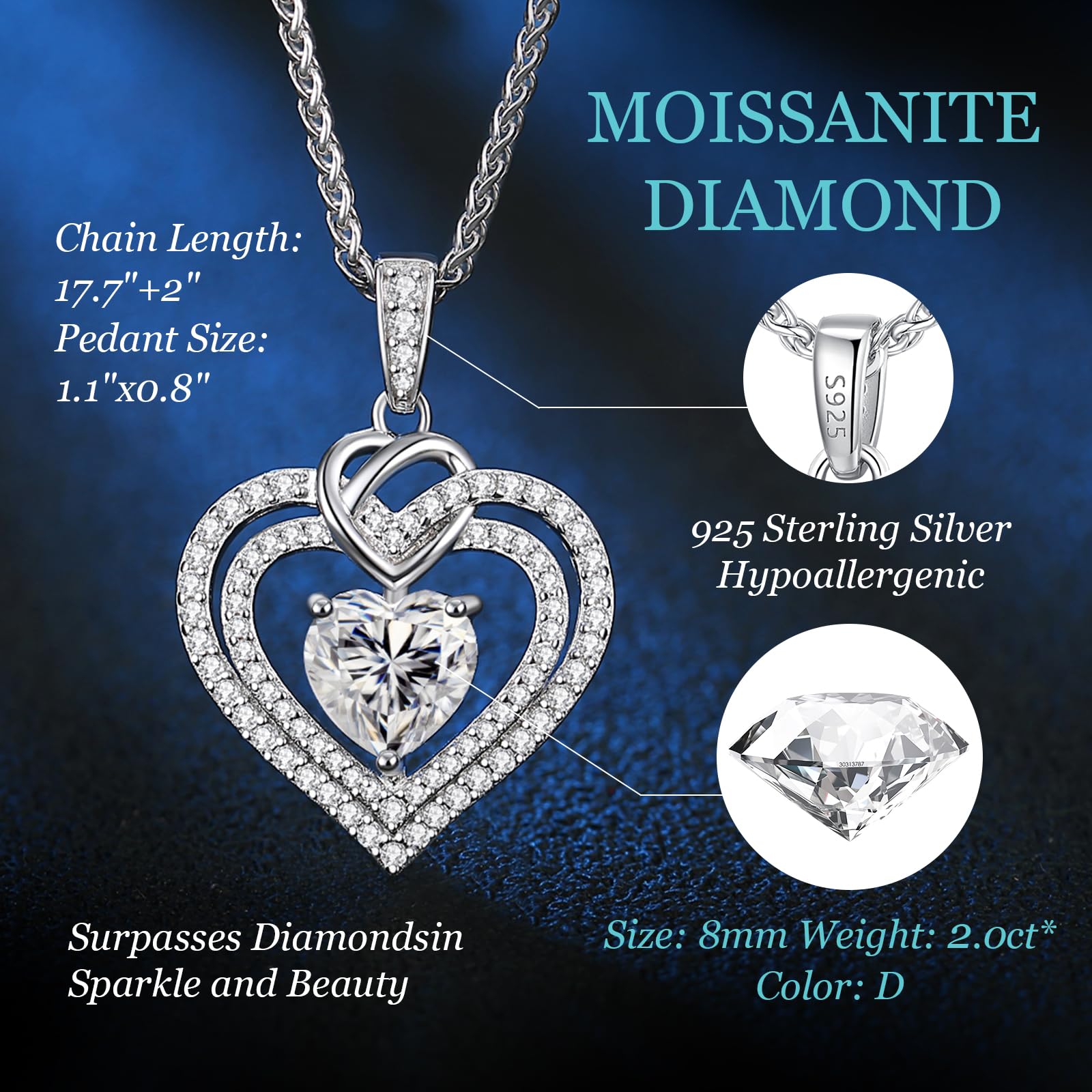 Sparkling Love Heart Moissanite Necklace for Women - D Color VVS Moissanite Diamond in 925 Sterling Silver - Perfect Birthday, Anniversary & Christmas Gift for Wife, Mom, Girlfriend - Elegant Jewelry for Date Night, Wedding & Special Occasions