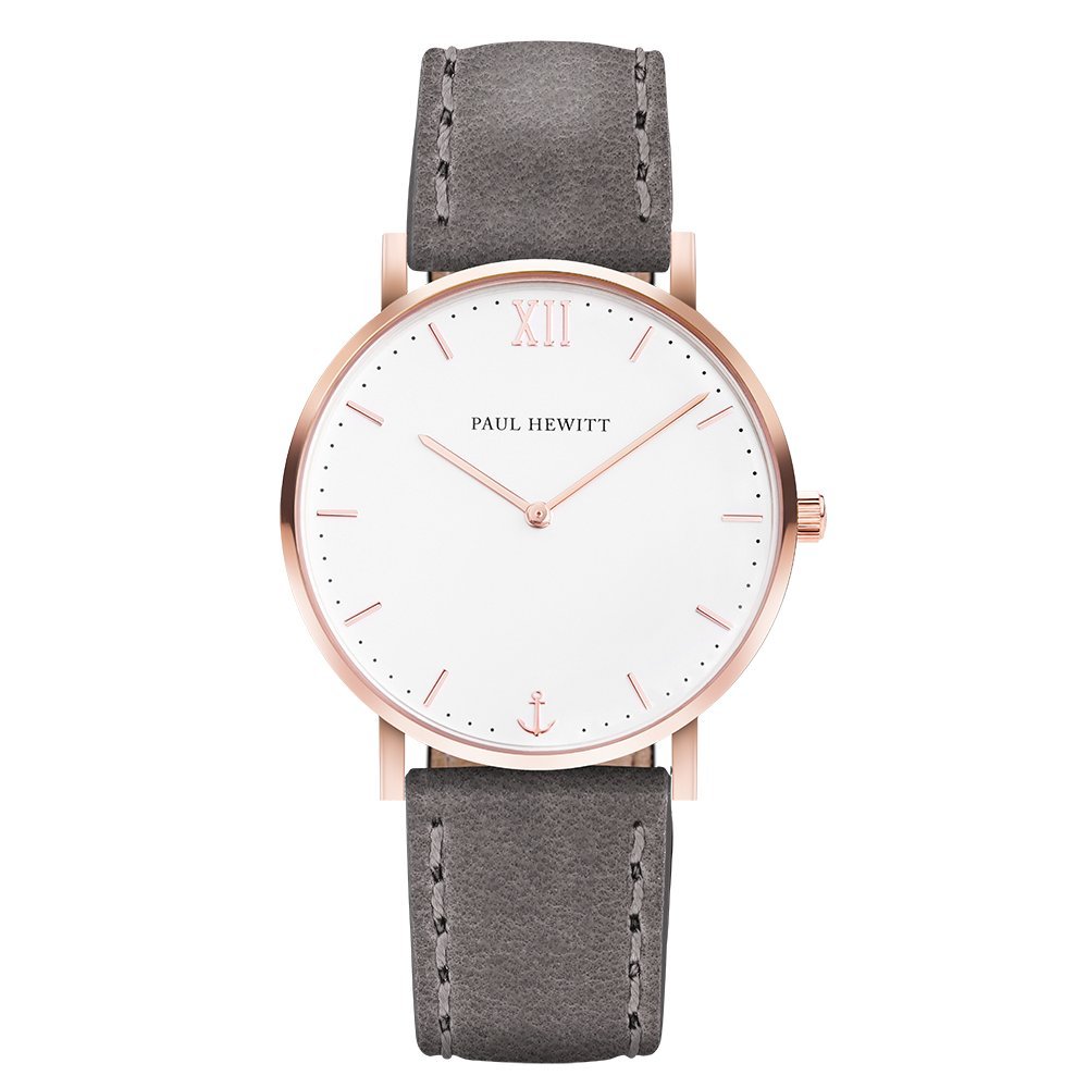 PAUL HEWITT Women's Rose Gold Stainless Steel Watch with Grey Leather Strap & White Dial - Sailor Line White Sand Collection - Perfect for Everyday Wear, Office & Casual Outings