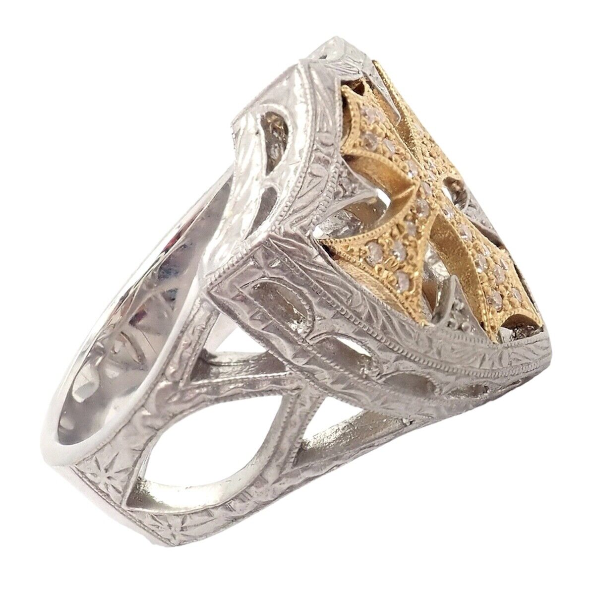 Authentic 18k White & Yellow Gold Diamond Cross Shield Crest Ring by Loree Rodkin - Luxury Religious Jewelry for Men & Women, Perfect for Gifts, Weddings & Special Occasions