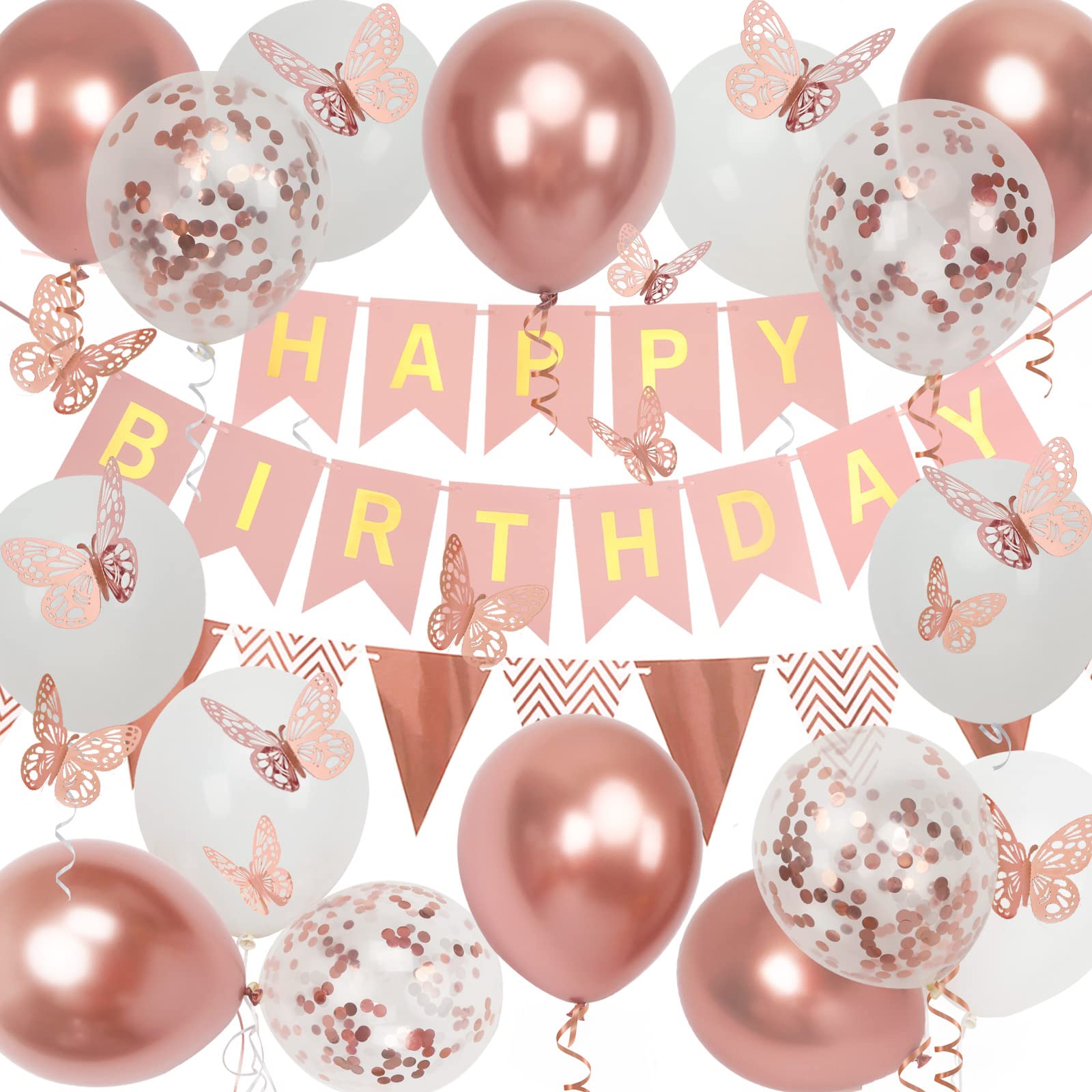 Rose Gold Birthday Decorations for Women - Happy Birthday Banner with Balloons, Pennant Flags & Butterfly Decor - Perfect for Girls' Parties, Baby Showers & Bridal Showers