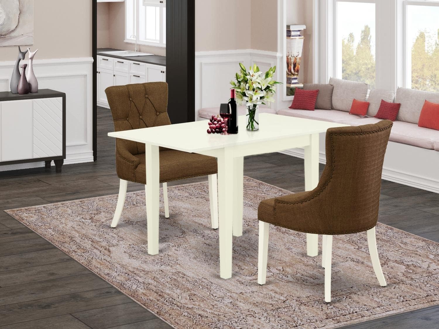 East West Furniture 3 Piece Dining Set - Rectangle Drop Leaf Table & 2 Brown Linen Upholstered Parson Chairs, 30x48 Inch, Linen White | Perfect for Small Spaces, Breakfast Nooks & Cozy Apartments