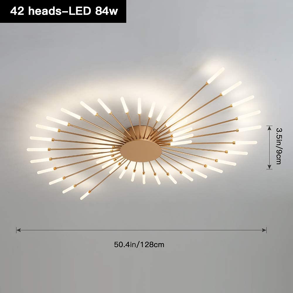 Modern Flower Shape Ceiling Light - Flush Mount LED Lighting Fixture for Living Room & Dining Room - Metal Acrylic Sputnik Firework Petal Design (Matte Gold, 42 Lights) - Perfect for Home Decor, Bedroom Lighting, and Office Spaces