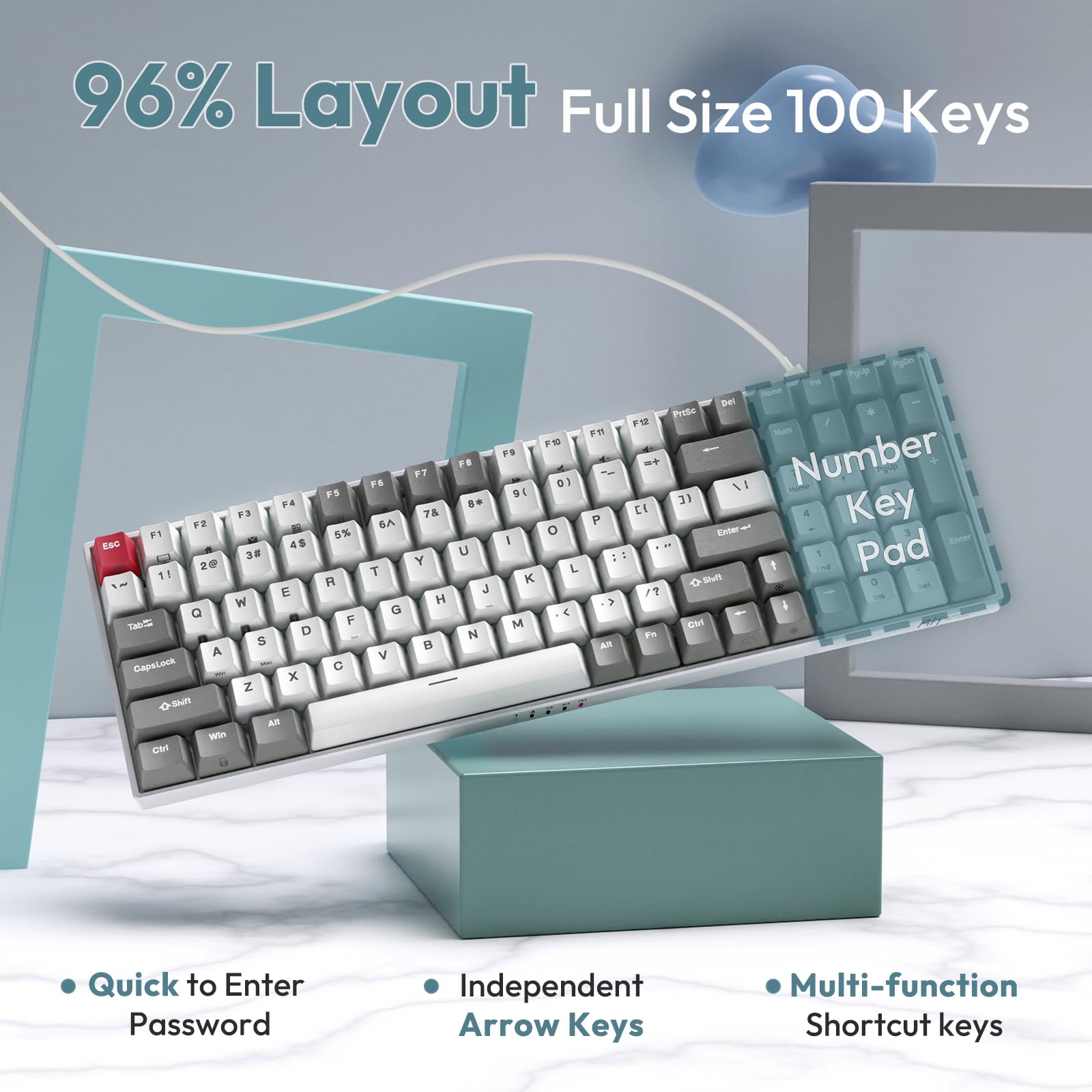 RK ROYAL KLUDGE RK100 Wireless Mechanical Keyboard - Bluetooth 5.1/2.4Ghz/USB-C Wired 100-Key Hot Swappable Gaming Keyboard with 3 USB Ports, Blue Switch for Mac & Windows (Classic Black) - Perfect for Office Work, Gaming & Programming