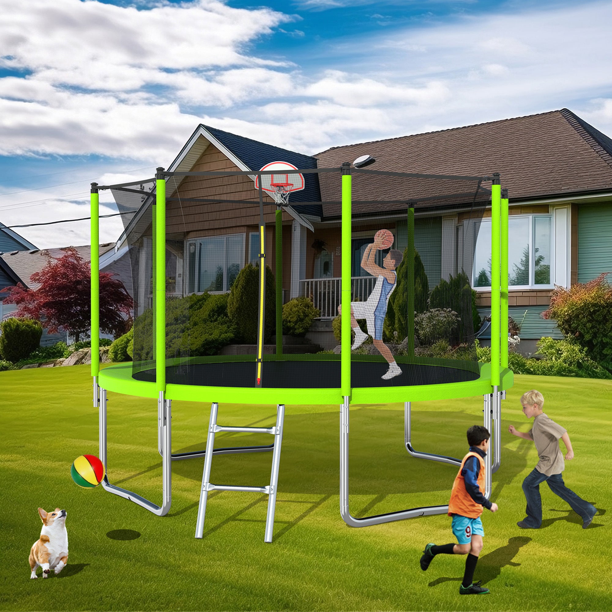 12FT Trampoline with Basketball Hoop & Safety Enclosure - Outdoor Trampoline for Kids & Adults - Backyard Fun, Exercise & Family Recreation - Includes Free Basketball Ball