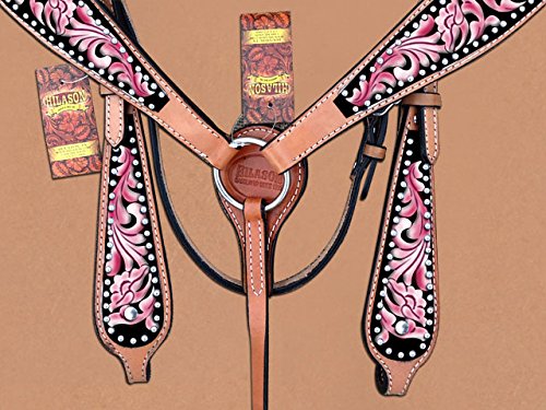 HILASON Western Horse Headstall & Breast Collar Set - Genuine American Leather in Pink | Durable Leather Headstall & Breast Collar | Complete Horse Tack Set for Western Riding | Perfect for Trail Rides, Shows & Ranch Work