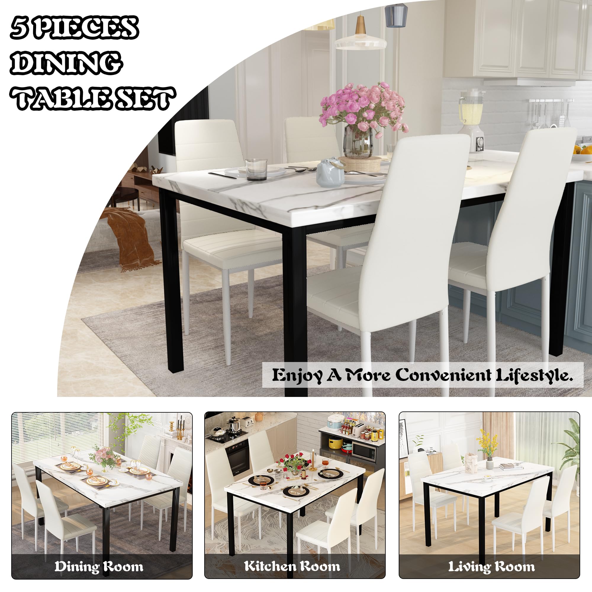 DKLGG 5-Piece Dining Table Set for 4 with PU Leather Chairs & Faux Marble Top - Space-Saving Kitchen Table Set for Small Homes & Apartments - Perfect for Family Meals, Dinner Parties & Compact Living Spaces