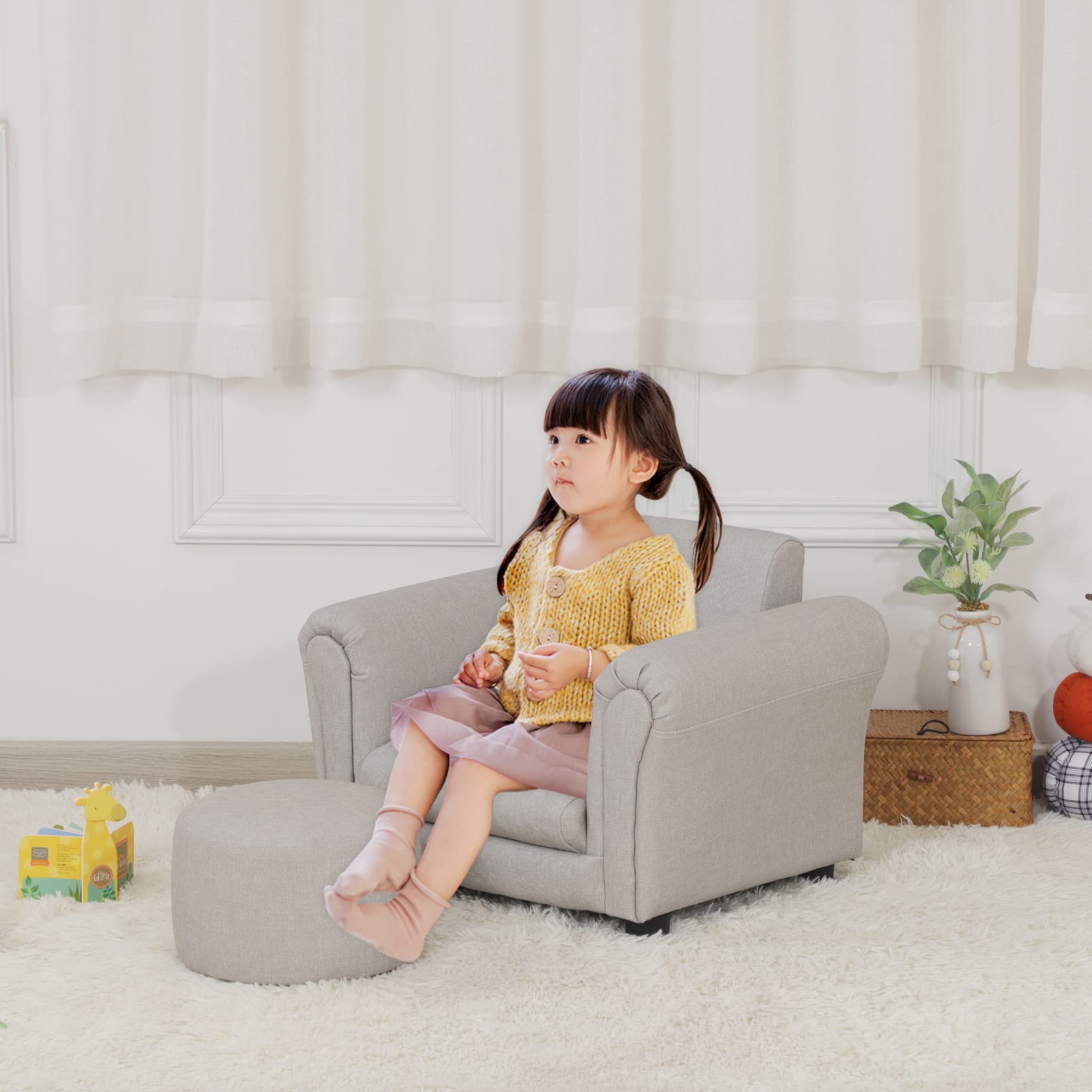 Getifun Kids Sofa Chair with Footstool - PVC Leather Toddler Armchair with Sturdy Plastic Legs, Light Gray Upholstered Couch for Children Under 4 Years | Perfect for Playrooms, Bedrooms & Daycare Centers
