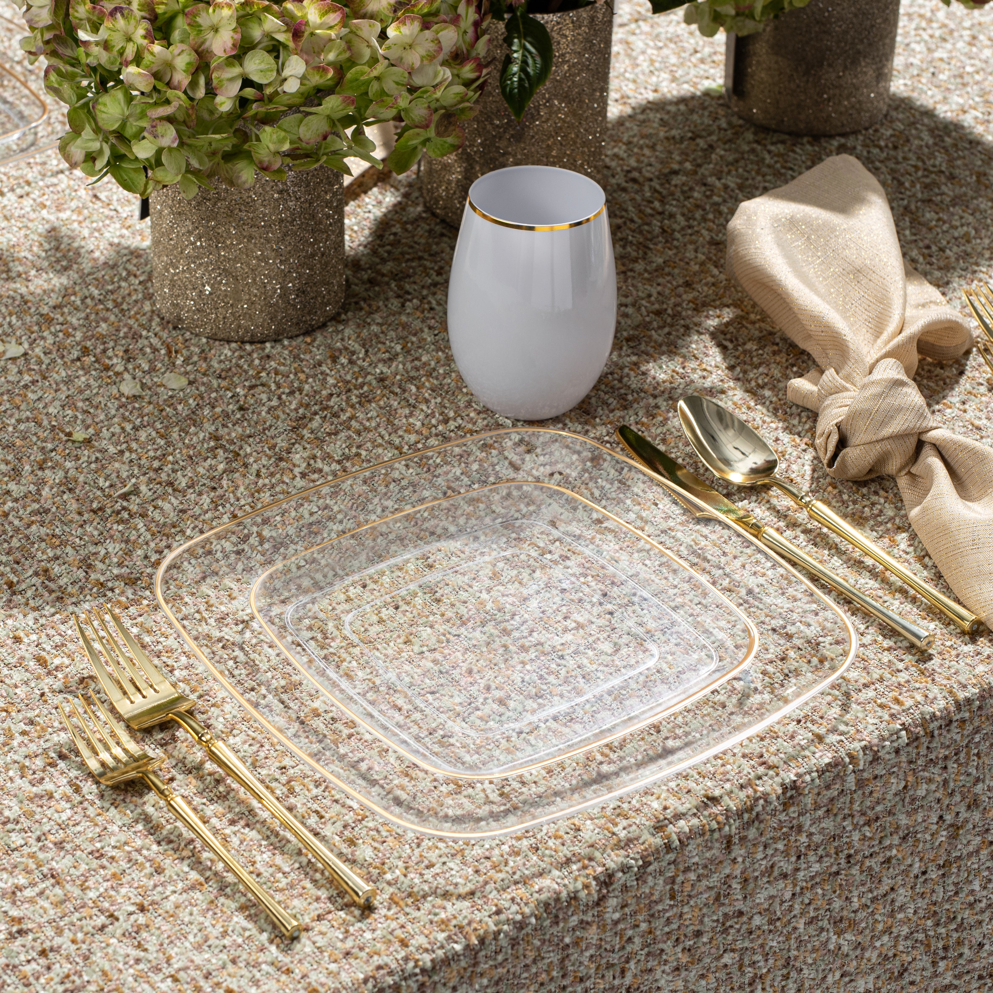 Clear and Gold Rim Square Plastic Plates - 10 Pack Classic Dinnerware Set for Parties, Weddings, and Elegant Events