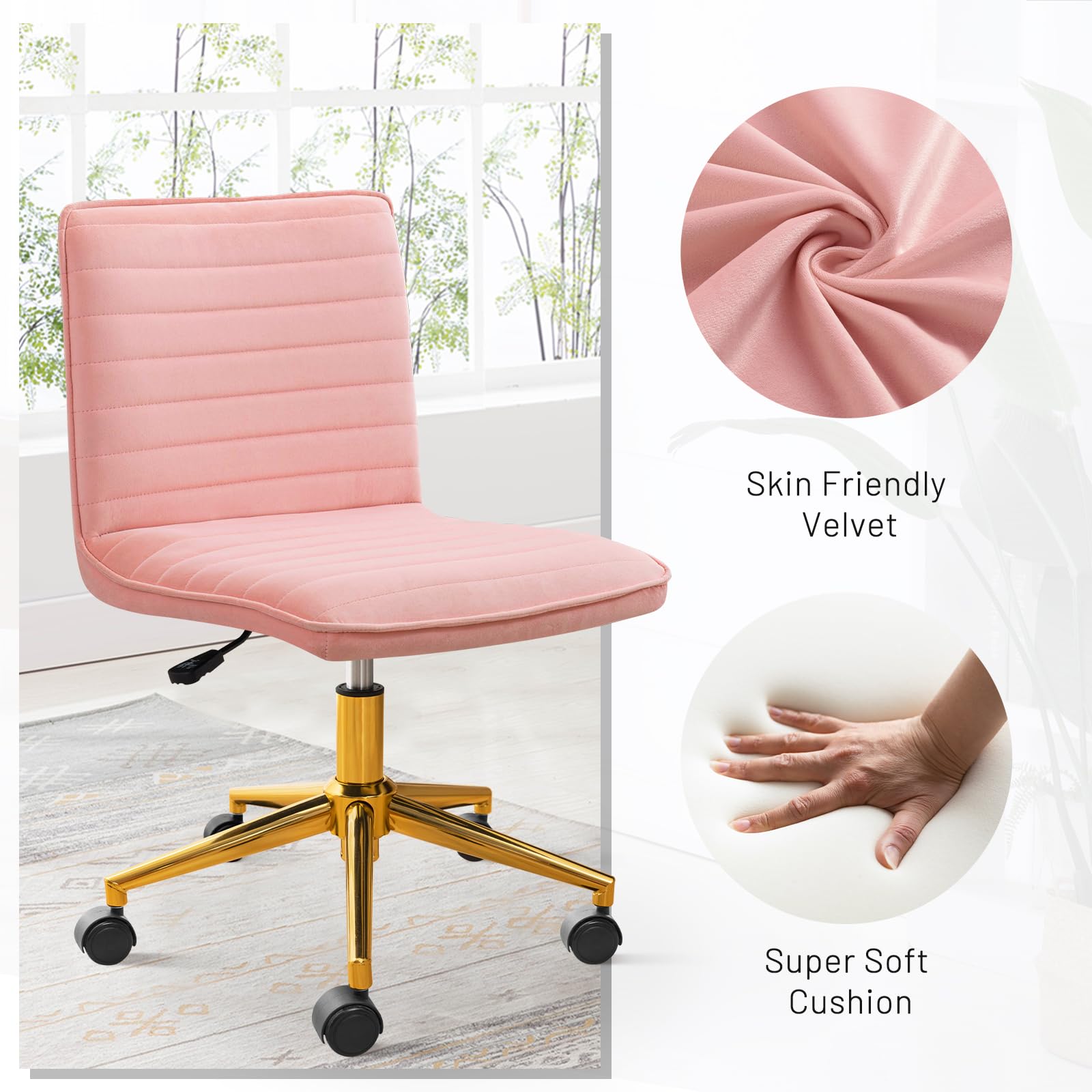 Furniliving Armless Vanity Chair with Wheels - Adjustable Height Soft Velvet Rolling Desk Chair with Gold Metal Base (Pink) | Perfect for Makeup Vanity, Home Office & Computer Workstation