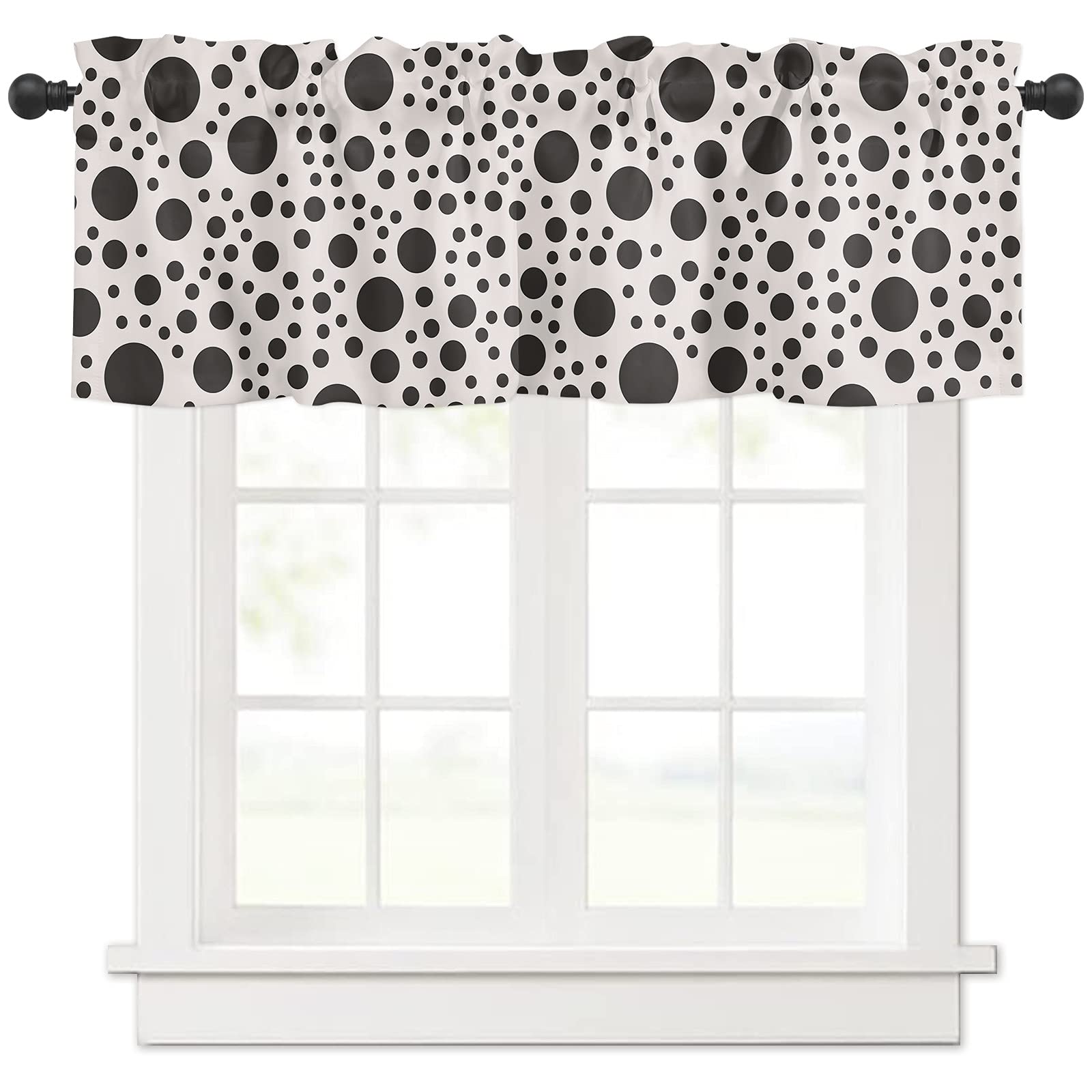 Black and White Polka Dot Window Valance Curtain - Rod Pocket Cafe Valance for Kitchen, Bedroom & Living Room - 54 x 18 Inch (1 Panel) - Perfect for Farmhouse, Cottage & Vintage Home Decor