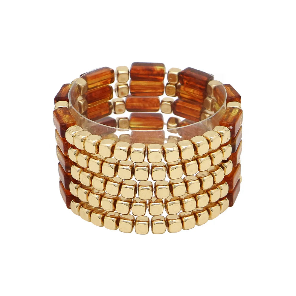 Stylish Acrylic Rectangle & Gold Beaded Stretch Bracelet Set for Women - Trendy Stackable Jewelry for Casual Wear, Parties & Gifts