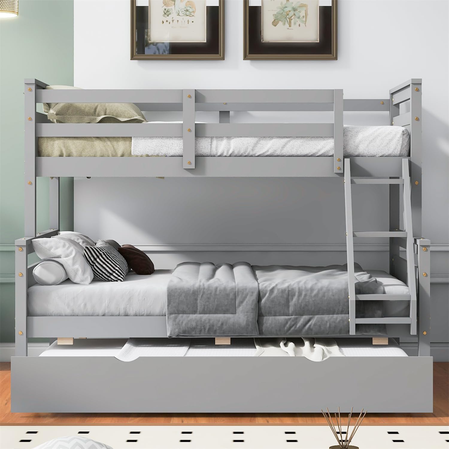 Merax Twin Over Full Wood Bunk Bed with Trundle - Solid Wood Frame, Guardrail & Ladder - Space-Saving Grey Bunk Bed for Kids, Teens & Guest Rooms - Perfect for Small Bedrooms, Vacation Homes & Shared Spaces