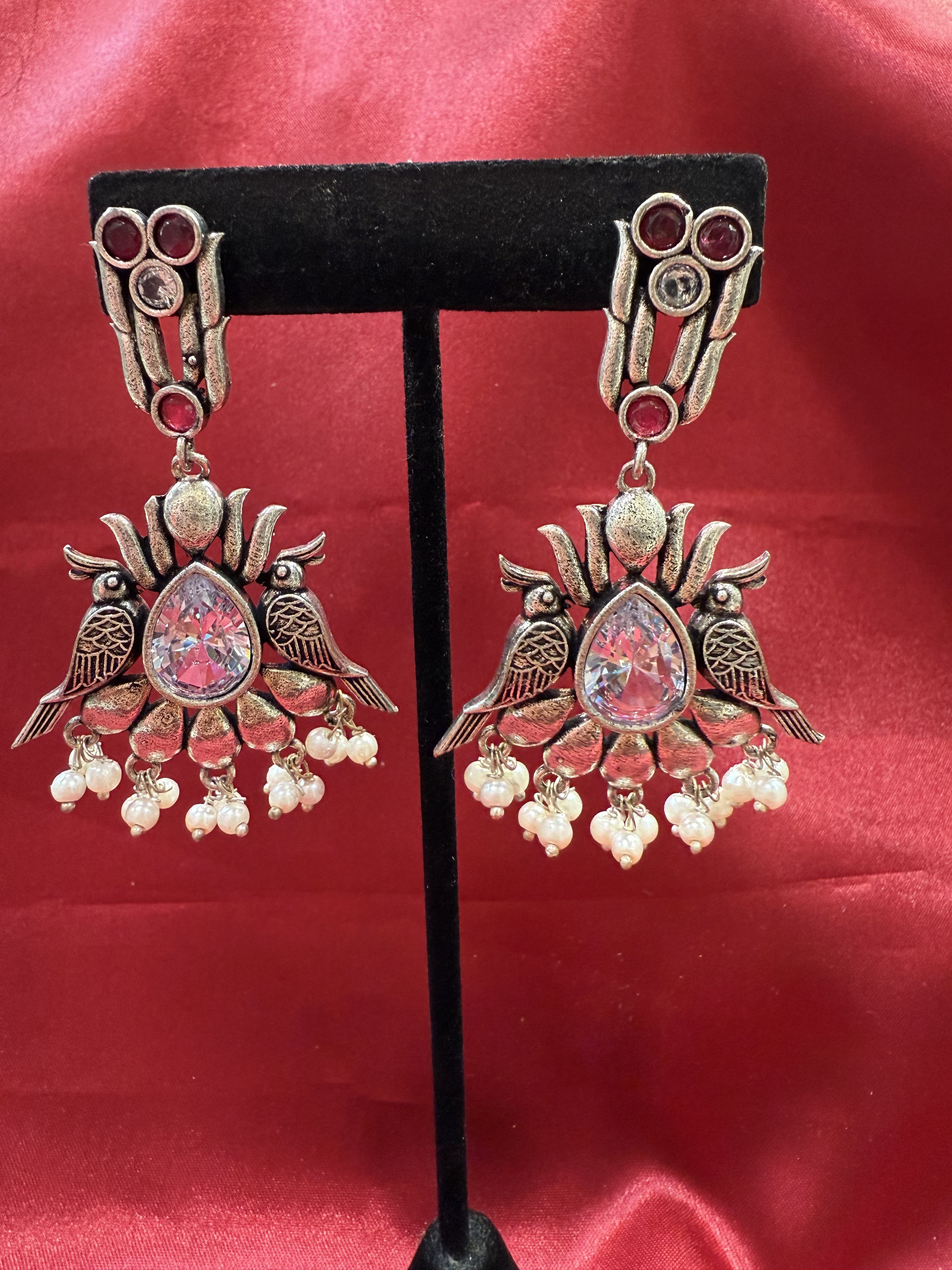 Elegant Silver & Magenta Stone Bird Design Oxidized Beaded Earrings for Women - Perfect for Parties, Weddings & Special Occasions