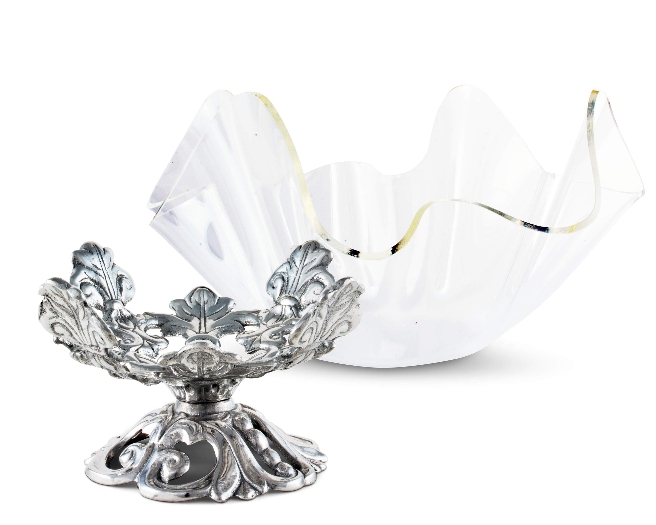 Arthur Court Designs Aluminum Fleur-De-Lis Stand with Acrylic Serving Bowl - 11 Inch Diameter, 9.25 Inch Height - Elegant Serving Tray for Parties, Weddings & Home Decor