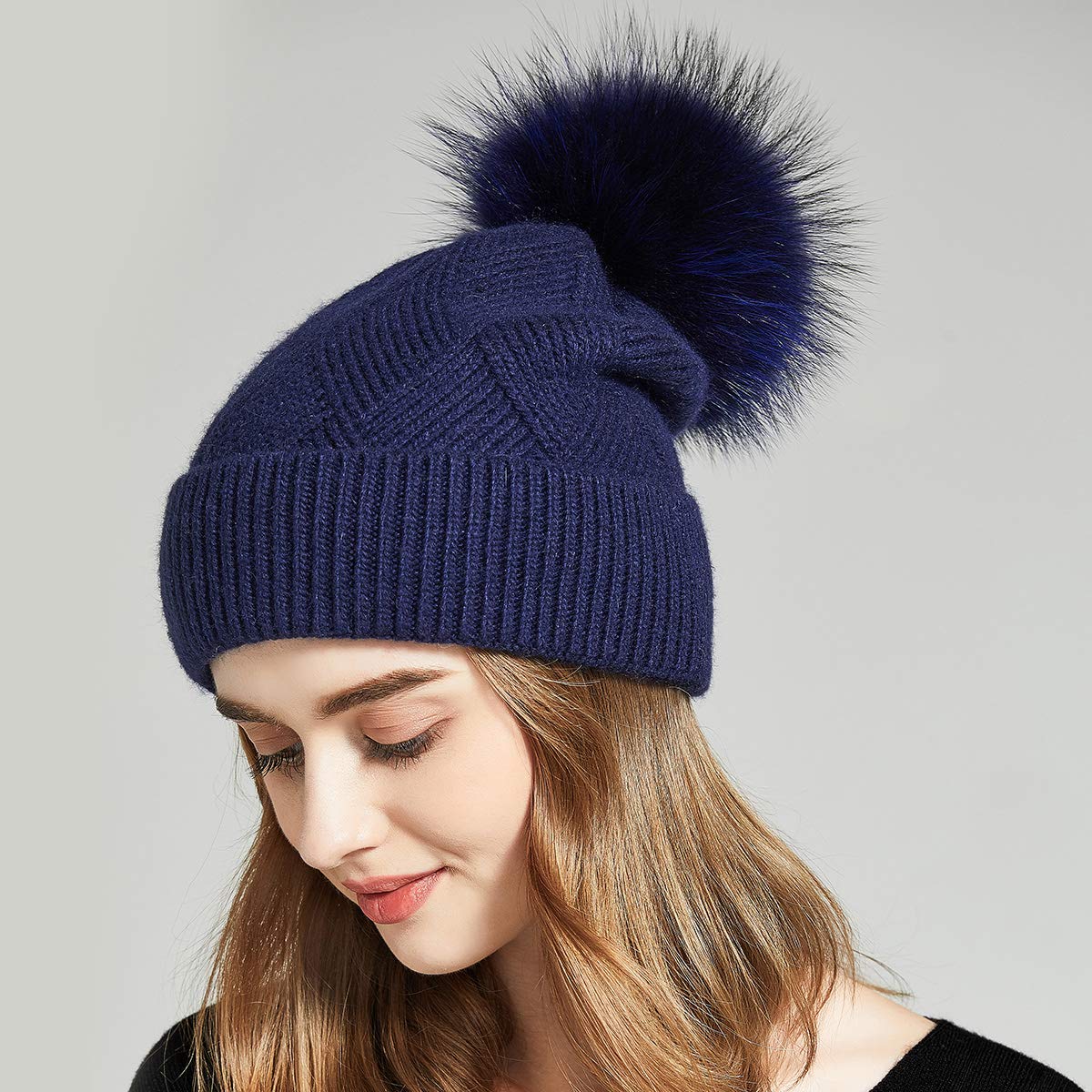 Women's Winter Fashion Hats - Cozy Fur Pom Pom Beanie with Knitted Cuff, Warm Wool Ski Cap for Cold Weather | Perfect for Skiing, Snowboarding & Outdoor Activities