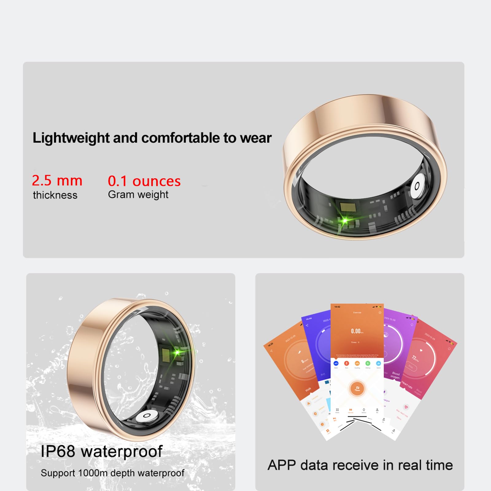 Smart Ring Health Tracker for Men & Women - Gold Size 9 Fitness Sleep Monitor with Long Lasting Battery - Perfect for Activity Tracking, Heart Rate Monitoring & Sleep Analysis