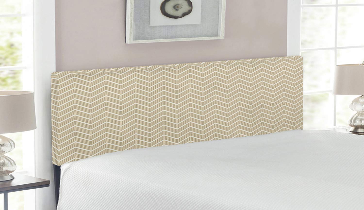 Ambesonne Beige Upholstered Queen Size Headboard - 3D Chevron Pattern Retro Style Metal Bed Frame with Memory Foam Padding | Perfect for Master Bedroom, Guest Room & Apartment Decor (Ivory Beige)
