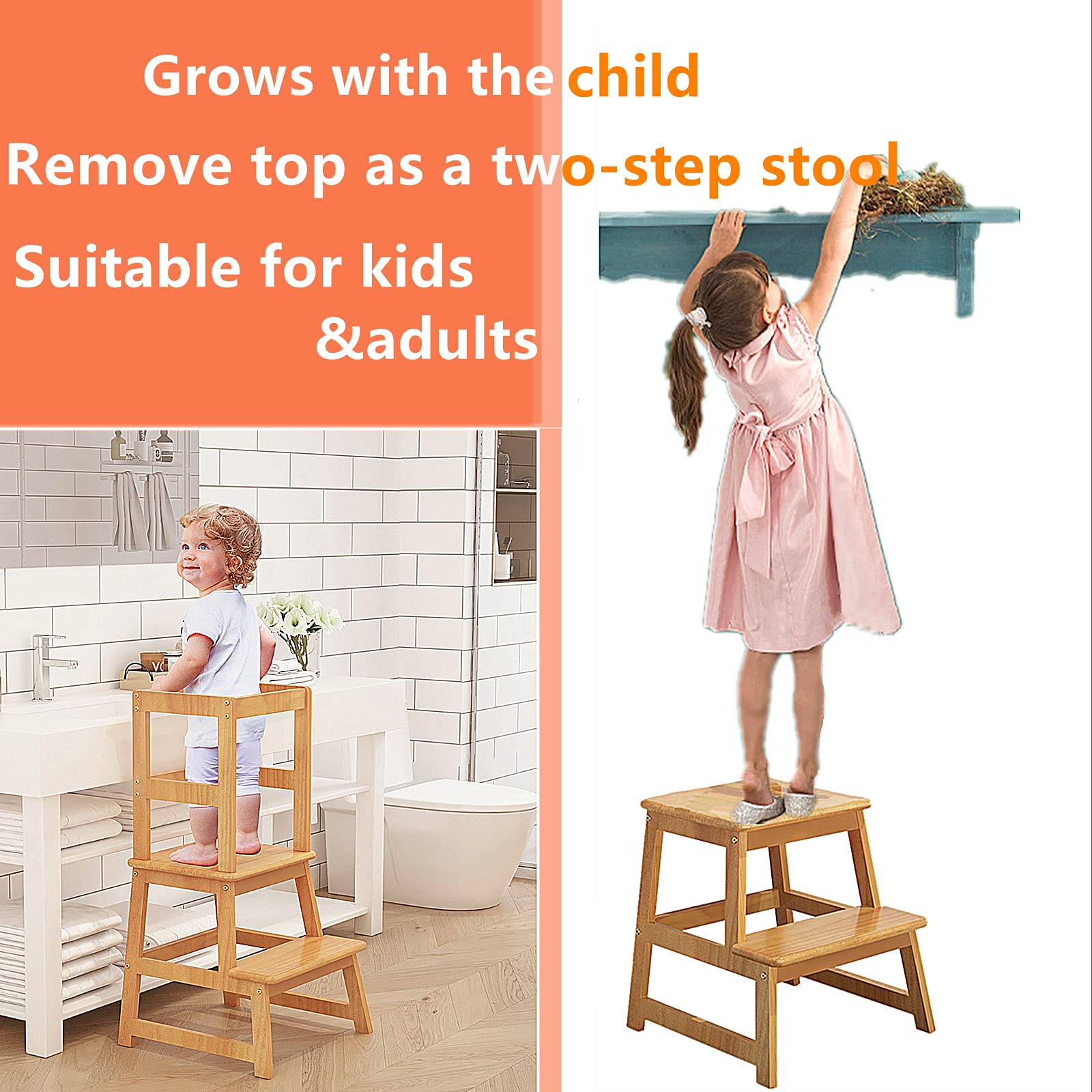 **Safe & Sturdy Kids Step Stool with Safety Rail - Adjustable Learning Tower for Toddlers & Children - Perfect for Kitchen, Bathroom & Playroom**