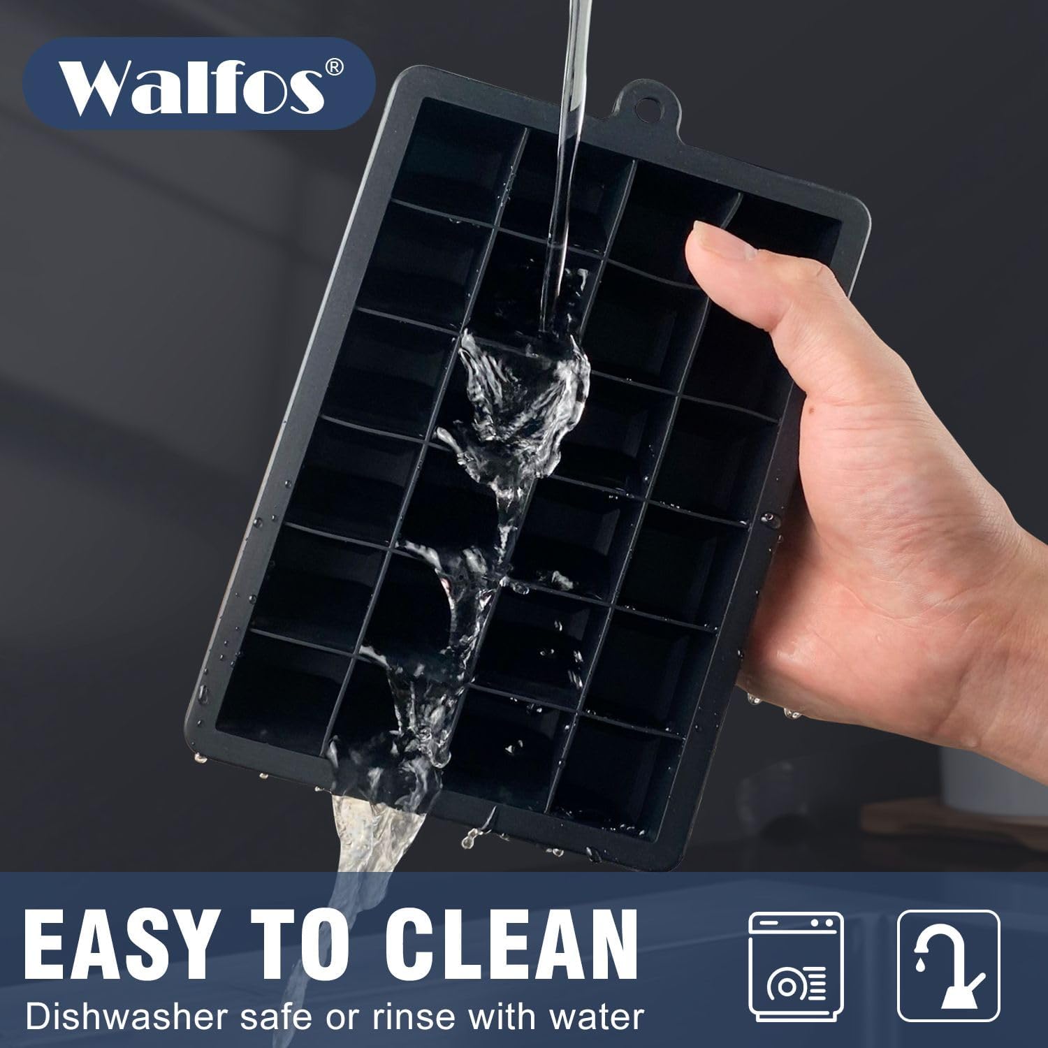 Walfos 3-Pack Silicone Ice Cube Tray Set with Storage Bin & Lid - Easy Release Square Ice Molds for Freezer - Perfect for Cocktails, Iced Coffee, Whiskey & Cold Drinks - Includes Ice Tongs for Home Bars & Parties