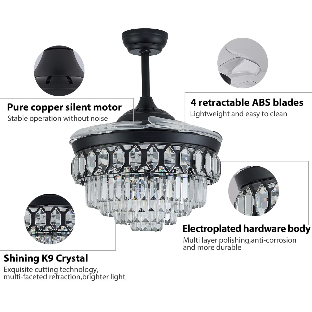 CLAIRDAI 42 Inch Retractable Crystal Ceiling Fan with Light - Dimmable LED Chandelier Fan, 6 Speed Settings & 3 Lighting Modes, Memory Function - Perfect for Living Room, Bedroom, and Dining Room Decor