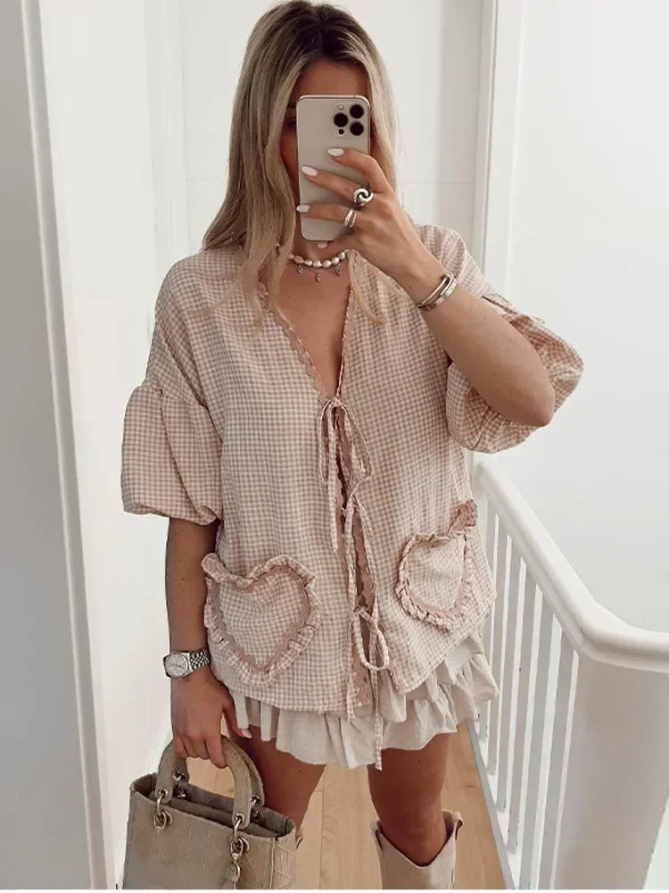 Women's Fashion Plaid Ruffle Lace-Up Blouse - Sweet V-Neck, Puff Sleeves & Heart Pocket Top for Casual Streetwear | Perfect for Date Nights, Office Wear & Spring Outfits