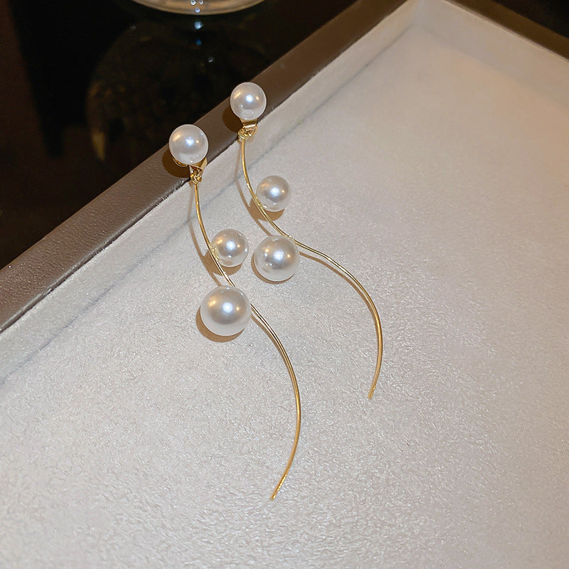 Elegant Classic Curve Pearl Long Drop Earrings for Women | HE10215 | Perfect for Weddings, Parties & Formal Events