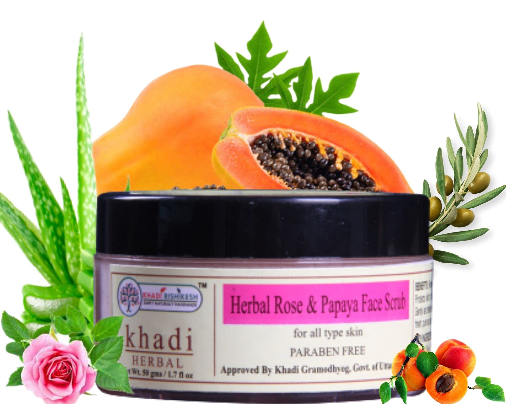 Khadi Rishikesh Herbal Rose Papaya Facial Scrub - Natural Exfoliator for Unclogging Pores, Removing Dead Skin Cells, Tightening & Brightening Skin | Paraben-Free Daily Face Scrub for Men & Women (50g) with Free Keychain | Perfect for Morning & Night Skincare Routine