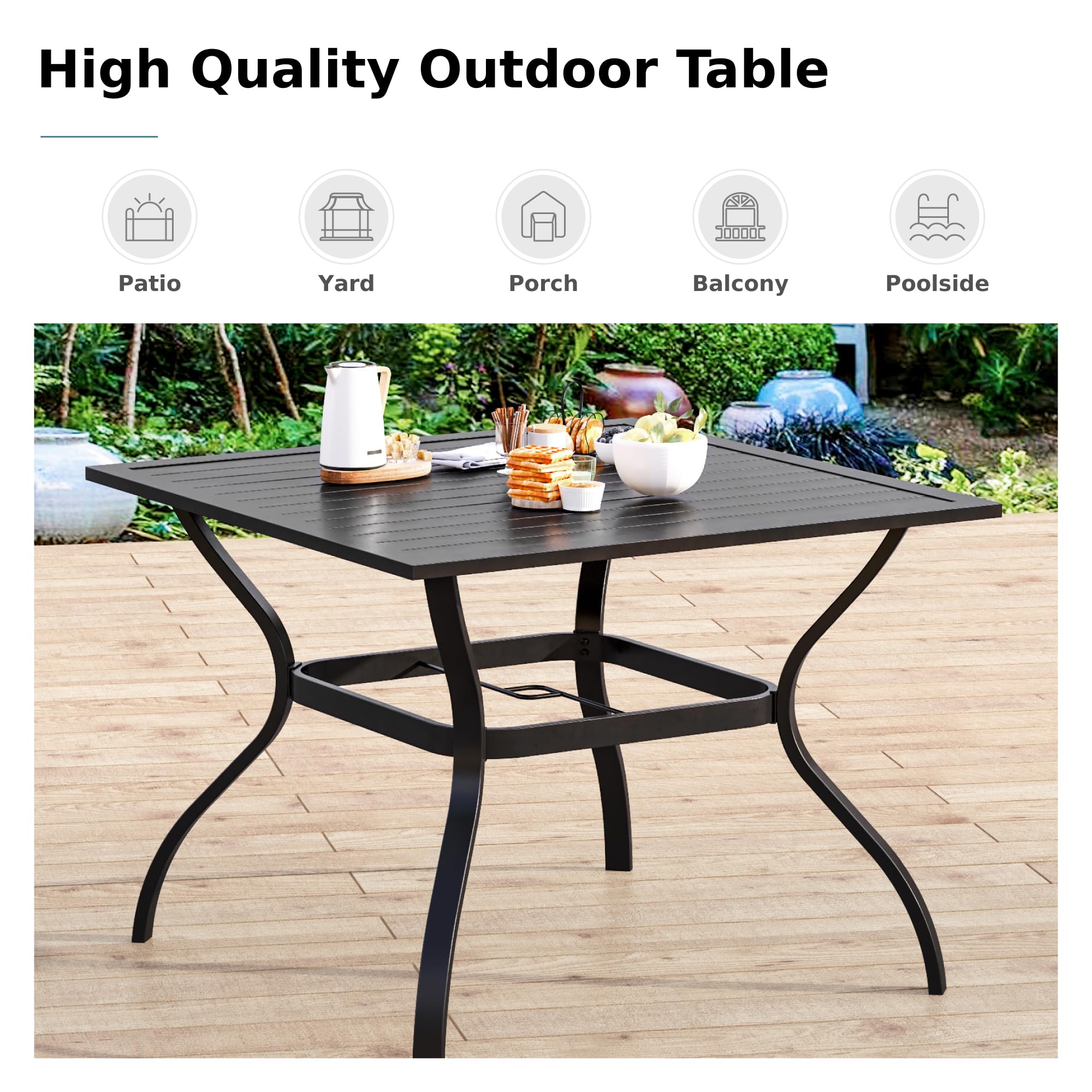 MFSTUDIO 5-Piece Black Metal Outdoor Dining Set with 4 Stackable Armrest Chairs & 37