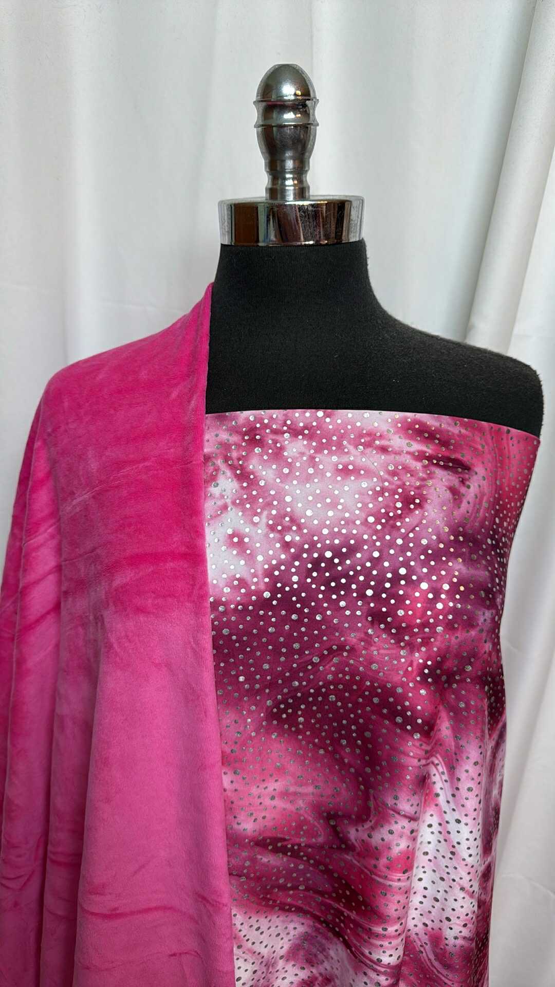 Pink Foil Tie Dye Fabric Bundle - 2 Yards Pink Velour & 2 Yards Pink Tie Dye Foil Yoga Fabric (A27638) for DIY Clothing, Yoga Pants, and Home Decor Projects