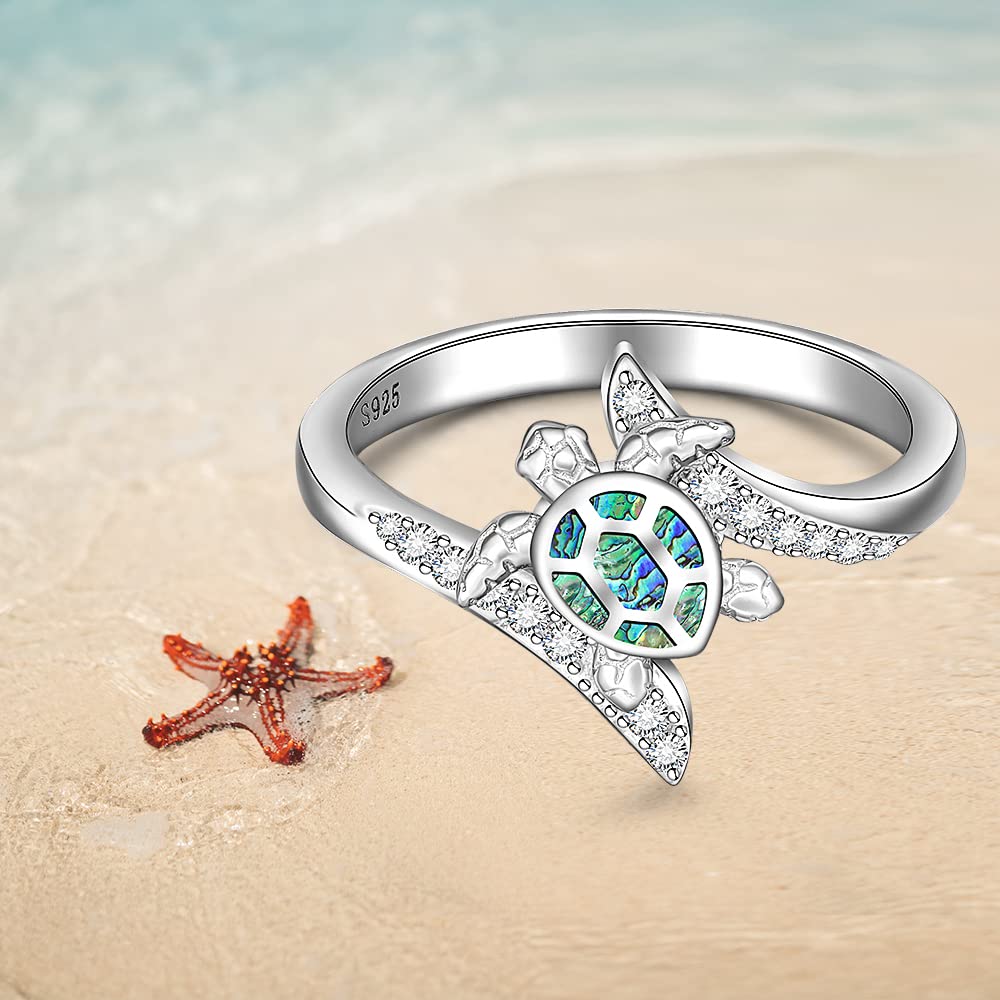 Sterling Silver Sea Turtle Ring with Abalone Shell - Ocean Wave Design for Women, Size 6-10 - Animal Jewelry, Good Luck Gift for Mother's Day & Longevity - Perfect for Beach Vacations, Boho Fashion & Spiritual Healing