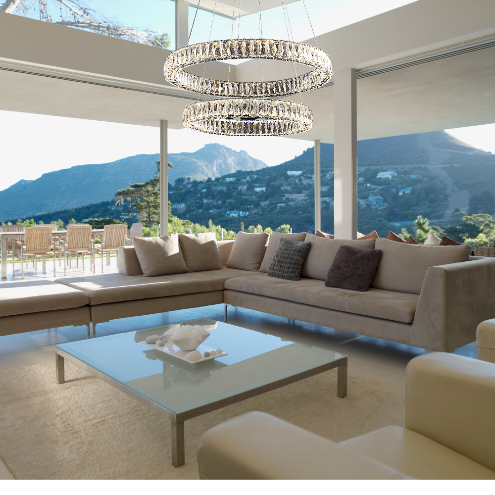 Tomia L1905/84/005CH Ashley Contemporary LED Bohemian Crystal Two-Tiered Ring Chandelier - Elegant Lighting Fixture for Dining Room, Living Room & Bedroom Decor