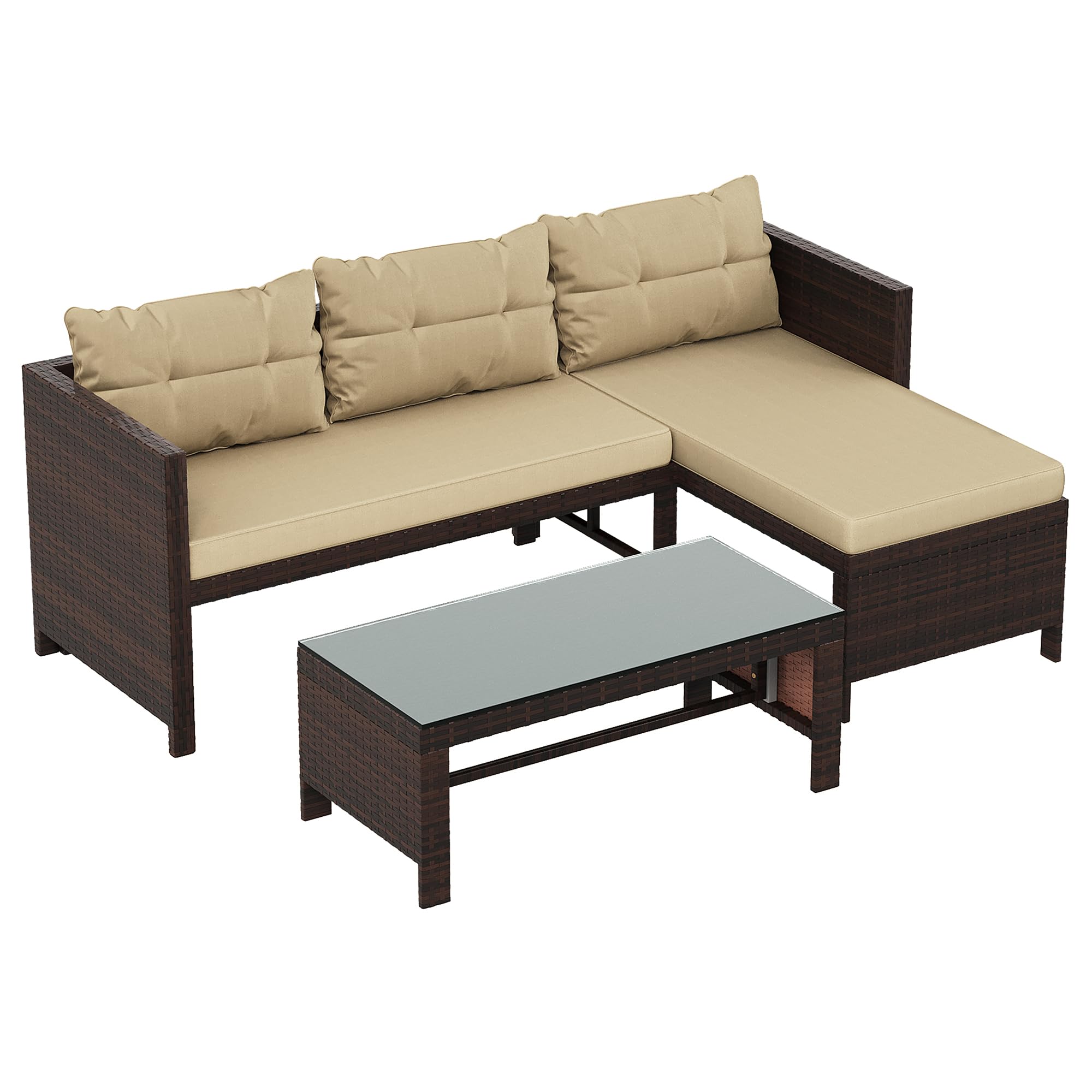 Shintenchi 3-Piece All-Weather Wicker Patio Furniture Set with Cushions & Glass Coffee Table - Outdoor Sectional Sofa for Garden, Poolside & Backyard (Khaki)