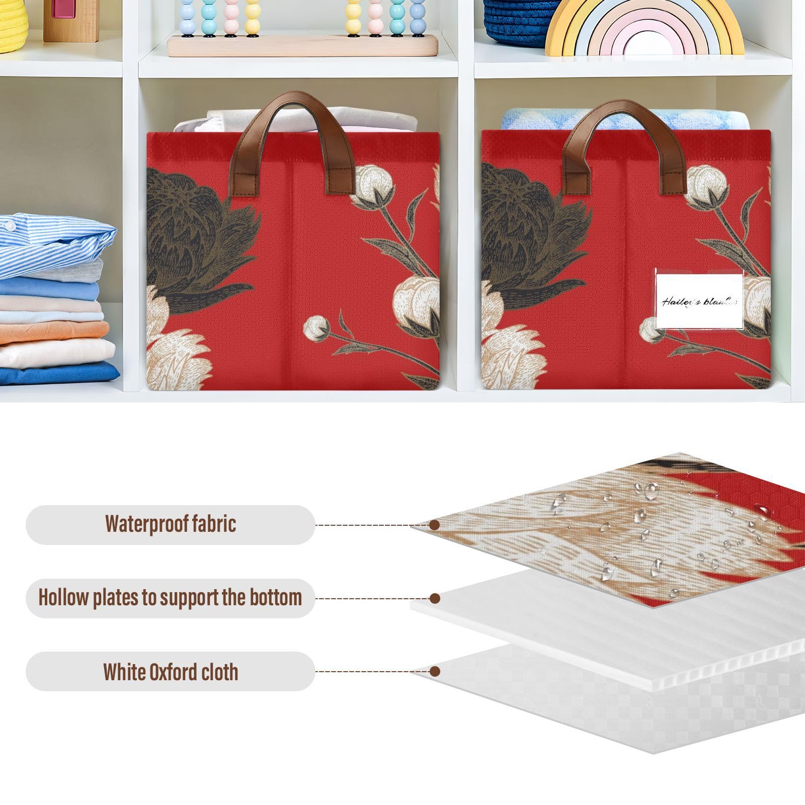 White Peony Red Fabric Storage Bins with Handles - 2 Pack Rectangle Woven Storage Baskets for Closet, Shelf & Home Organization | Perfect for Toys, Blankets & Laundry