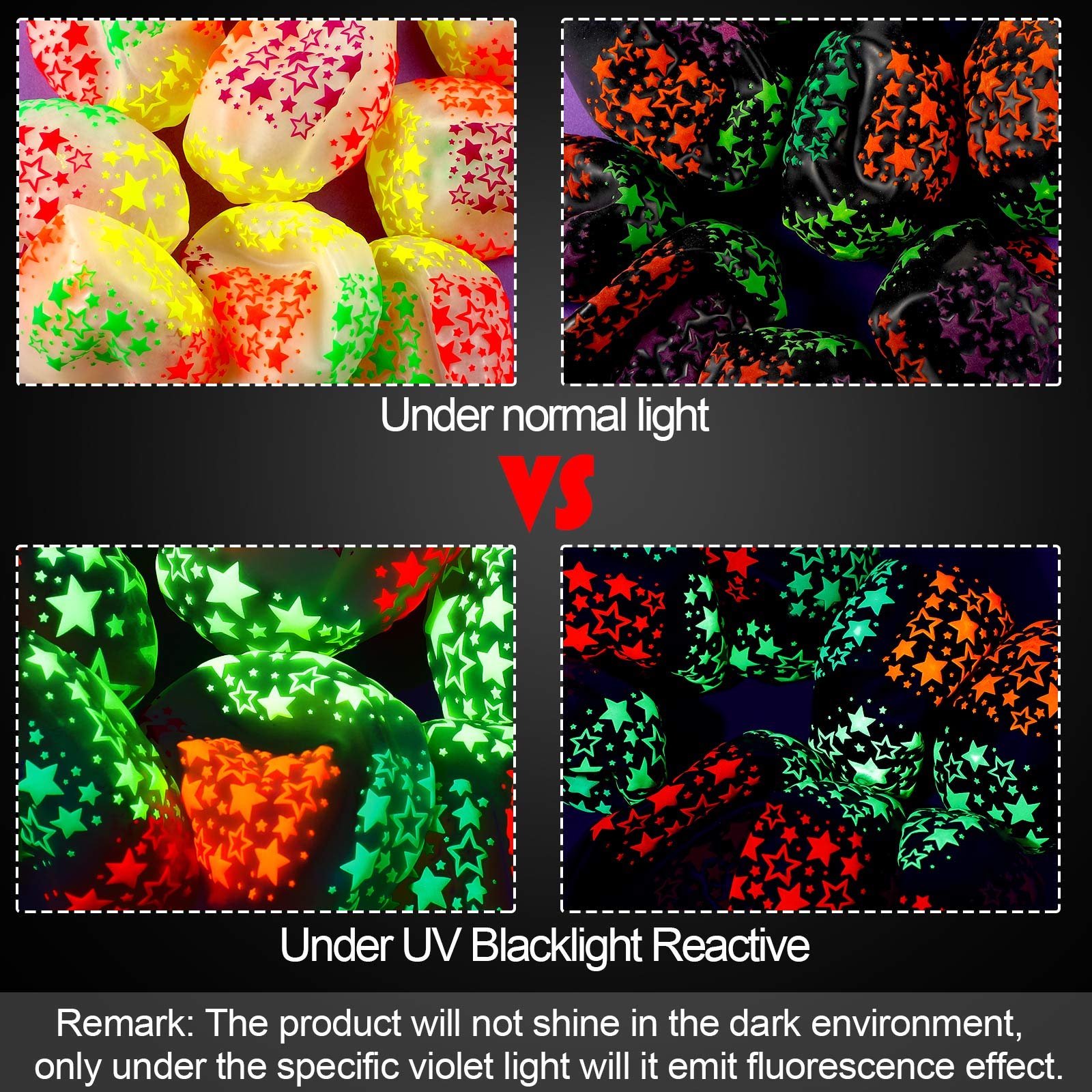 50 Pack Neon Glow Balloons & Stars - Fluorescent Blacklight Party Decorations for Birthday, Wedding, Arch Backdrop (Black & Clear) - Perfect for UV Parties, Raves, and Nighttime Celebrations
