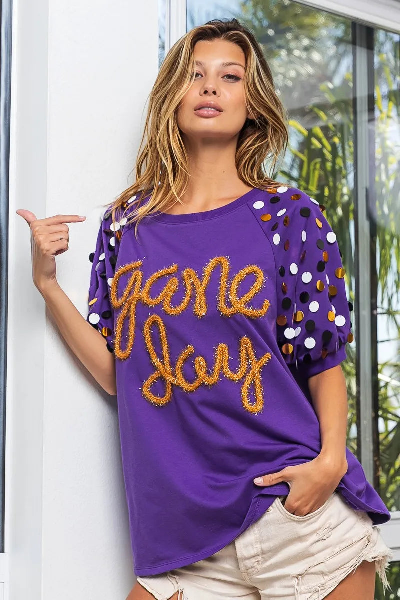 BiBi Game Day Metallic Letter Spangle Sleeve Top - Stylish Women's Party Blouse for Football Games, Concerts & Night Out