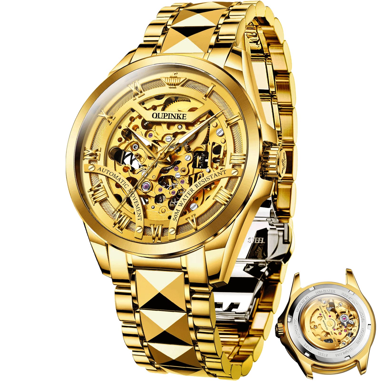 OUPINKE Men's Automatic Skeleton Mechanical Watch - Luxury Self-Winding, No Battery, Waterproof & Luminous - Perfect for Business, Formal Events & Everyday Wear
