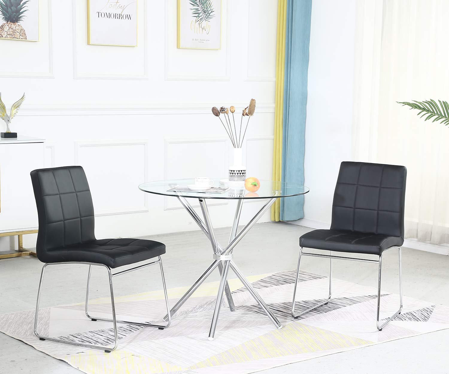 Modern Glass Top Dining Table Set for 2 with Slim Metal Legs & Faux Leather Chairs - Round Kitchen Table for Small Spaces, Breakfast Nook or Apartment Dining - Black Contemporary 2-Person Dining Room Set