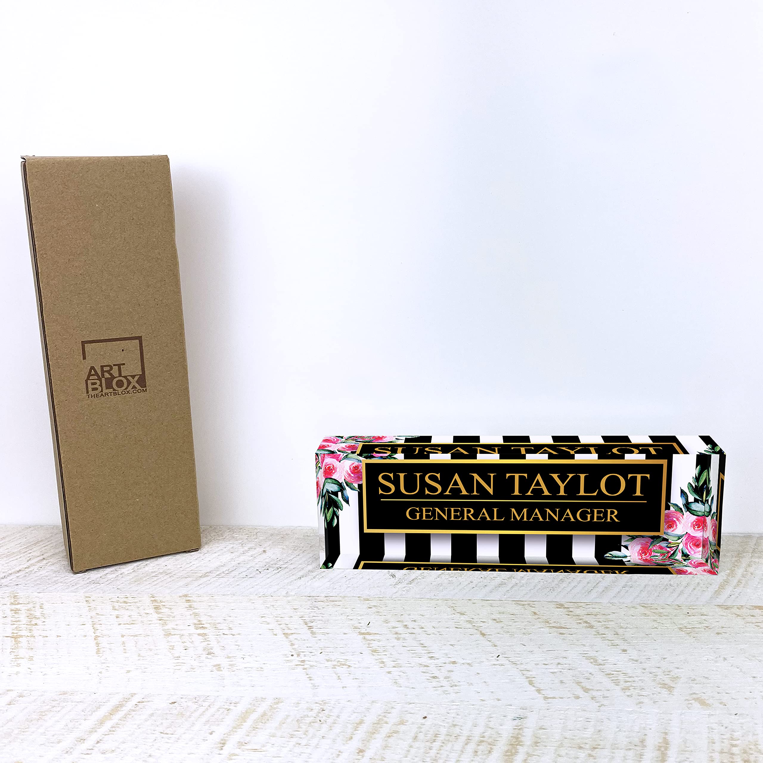 Personalized Artblox Office Desk Name Plate - Custom Acrylic Name Plates with Black Stripes & Roses Design (8