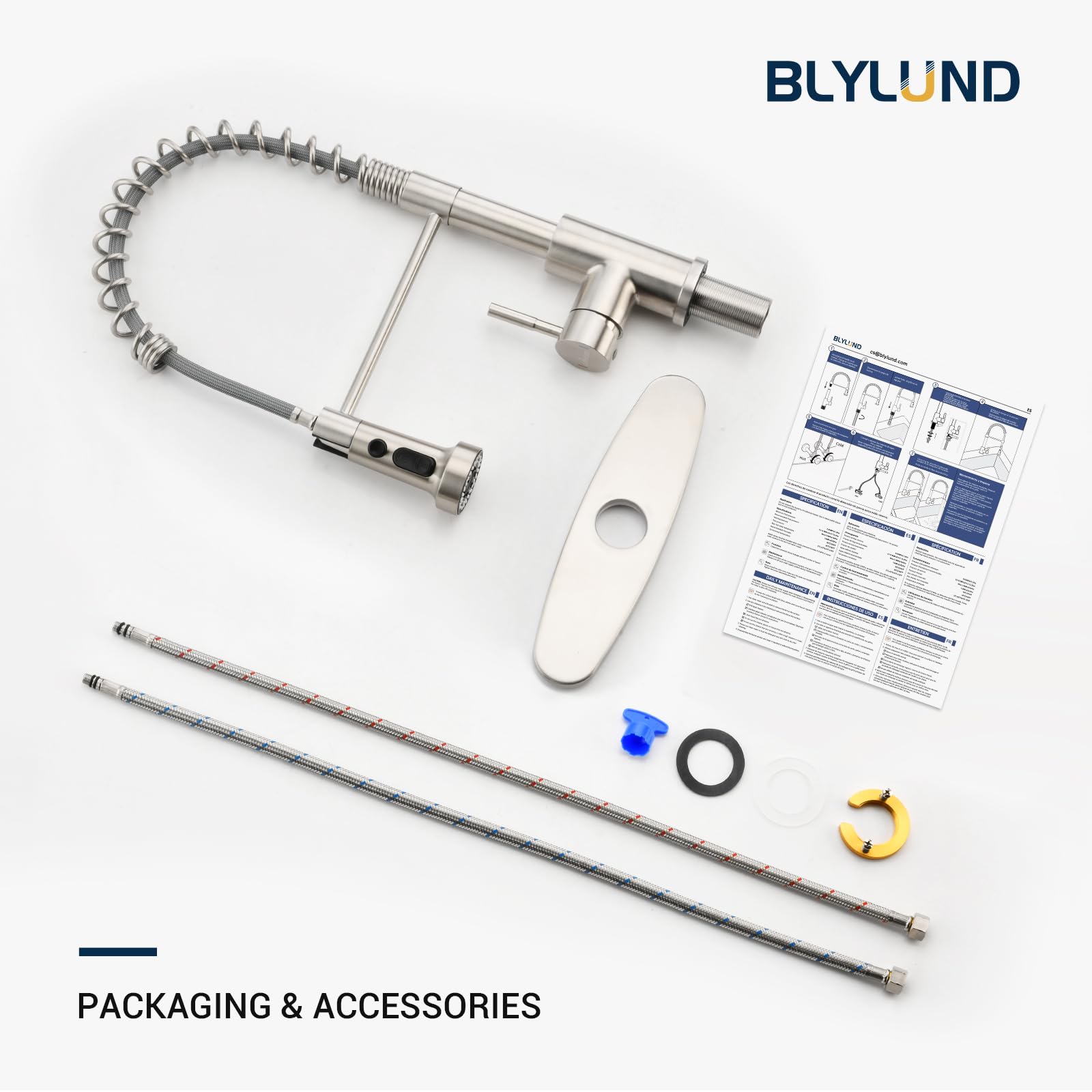 BLYLUND Commercial Stainless Steel Kitchen Faucet with Pull Down Sprayer, Spring Design, Triple Function Sprayer, Brushed Nickel Modern Sink Tap for Home & Restaurant Use