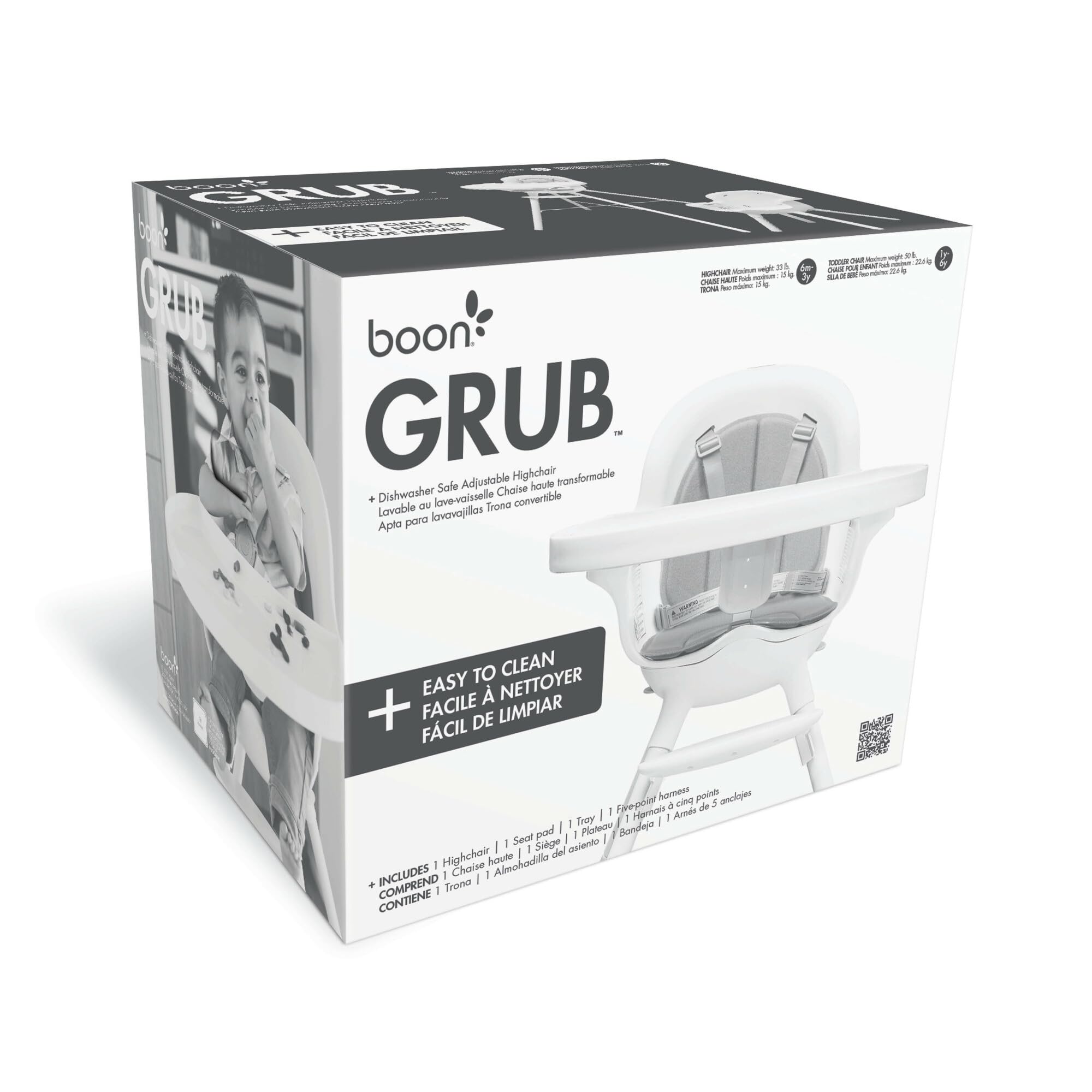 Boon GRUB Adjustable Convertible High Chair for Babies & Toddlers 6 Months to 6 Years | Dishwasher Safe White Baby Feeding Chair | Perfect for Dining, Kitchen & Travel Use