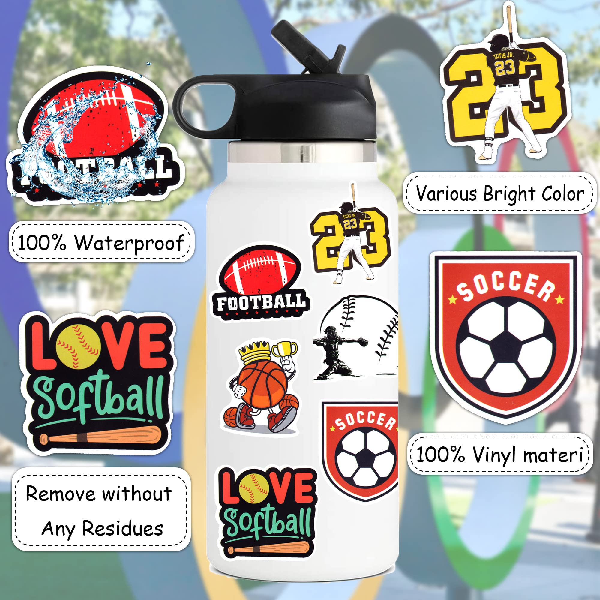 100 PCS Sports Stickers for Water Bottles & Laptops - Soccer, Basketball, Volleyball - Perfect for Teens & Kids