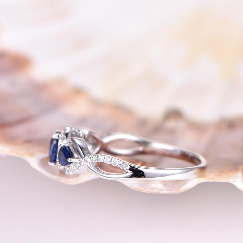 Blue Sapphire Engagement Ring for Men – 4x5mm Oval & 3x4mm Pear Cut Lab-Grown Sapphire with Diamonds in 14K White Gold – Perfect for Proposals, Weddings & Anniversary Gifts
