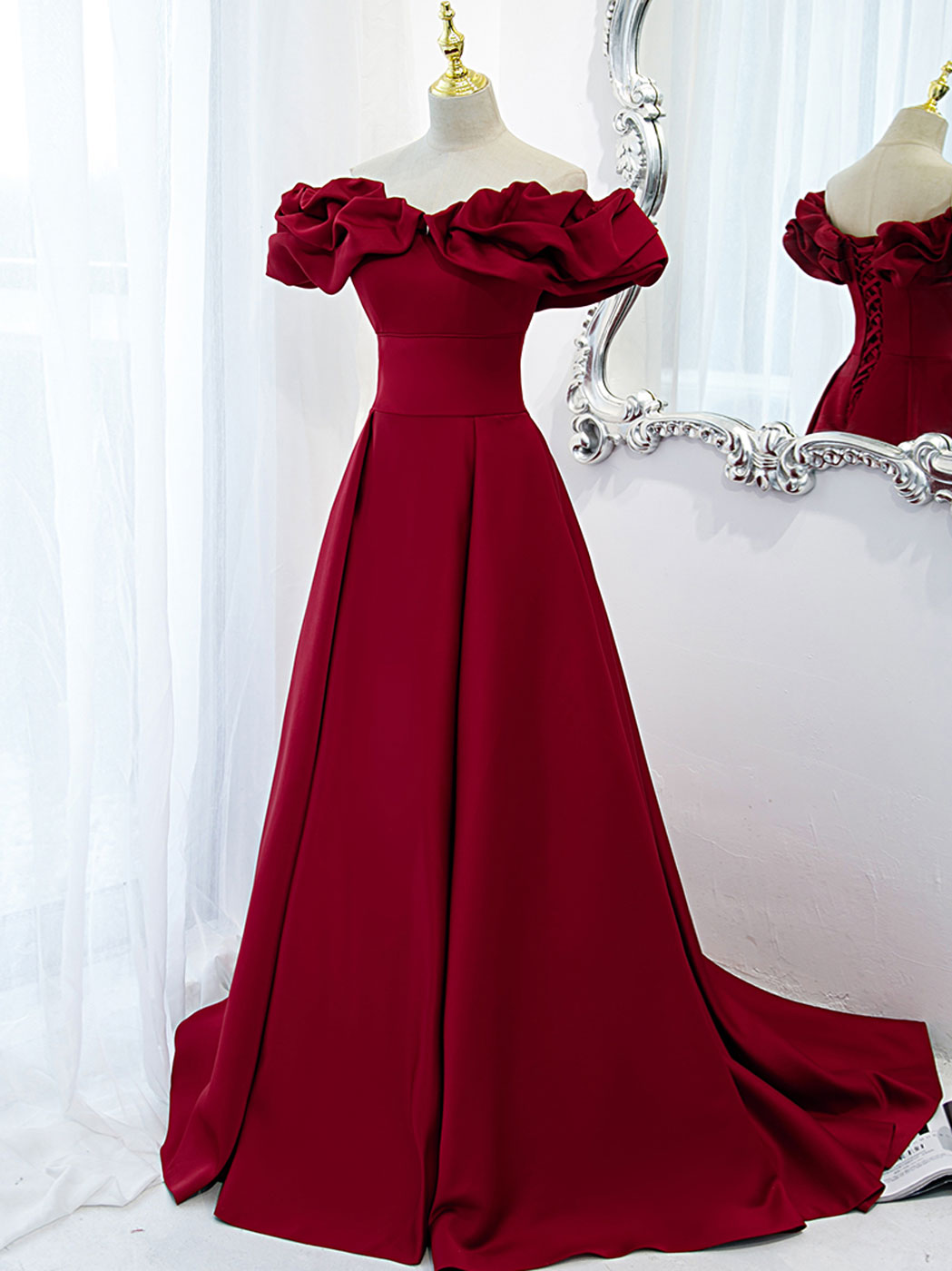 Elegant Burgundy Off Shoulder Satin Long Prom Dress for Women - Formal Evening Gown for Homecoming, Wedding, and Special Occasions