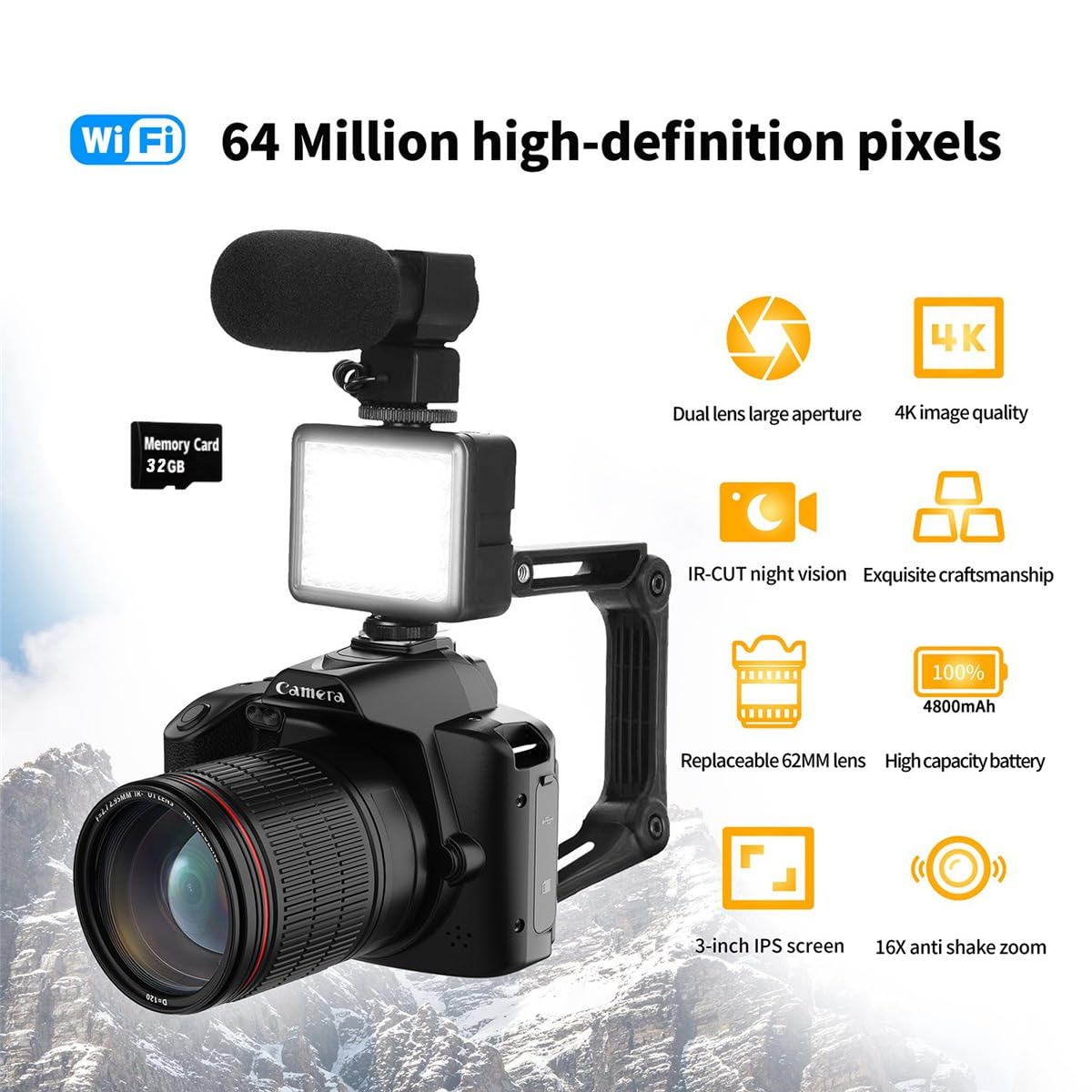4K WiFi Digital Camera with 64MP & 32GB Memory Card - HD Video Recorder, Webcam, Vlogging Camera for YouTube, Travel, and Outdoor Photography (Black)