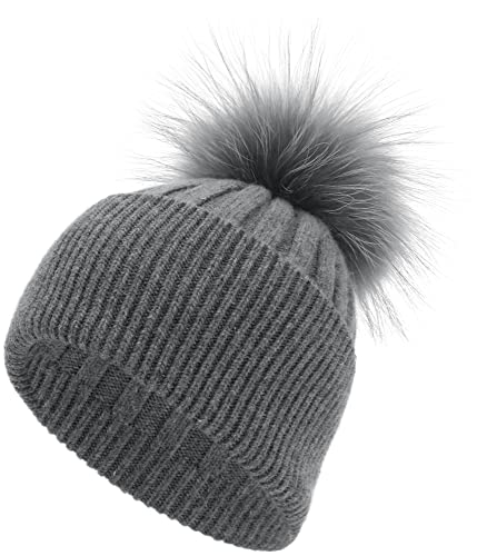 Women's Warm Winter Cashmere Ribbed Cuffed Beanie with Real Fur Pom Pom - Soft Knit Skull Cap for Skiing & Snowboarding - Perfect Cold Weather Accessory for Outdoor Activities