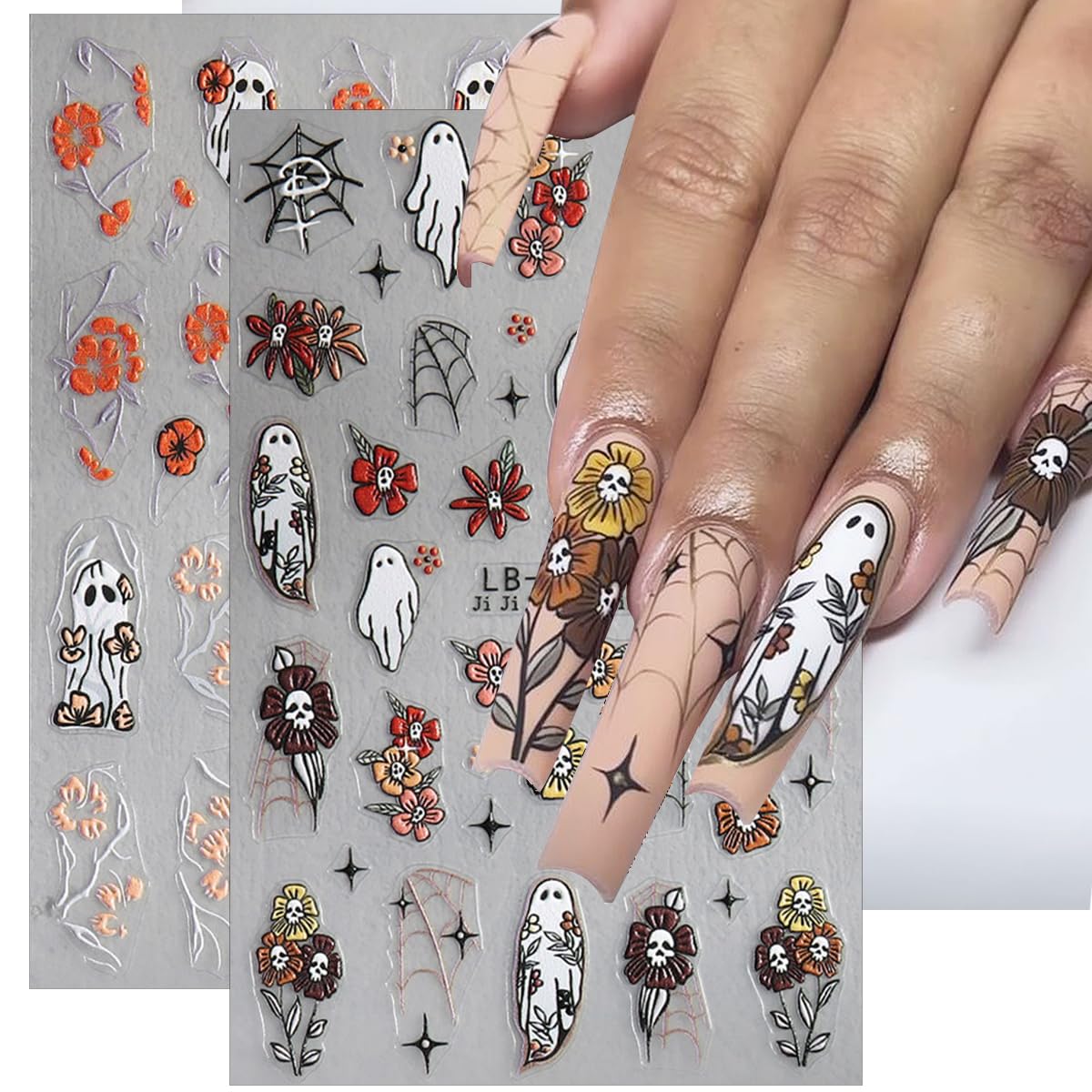 Halloween Nail Stickers - 5D Embossed Ghost & Skull Floral Nail Decals - Self-Adhesive Nail Art Supplies for Women & Kids - 2PCS - Perfect for Halloween Parties, Costume Nails & Spooky Manicure Decorations