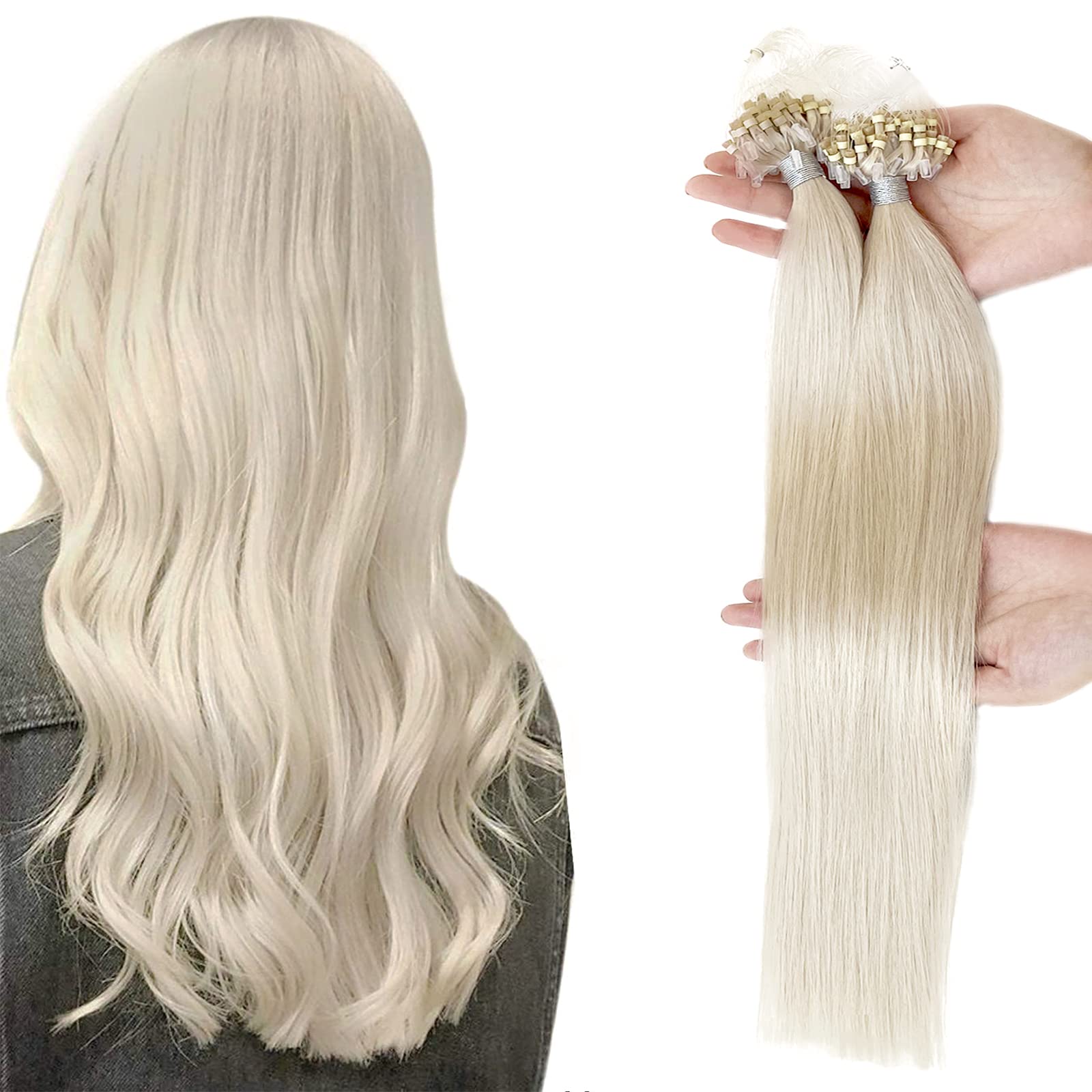 22 Inch Micro Loop Human Hair Extensions - Remy Hair Microlink Extensions #60A White Blonde - 50 Strands 50g Straight Hair for Salon & Styling - Perfect for Weddings, Parties & Daily Volume Boost