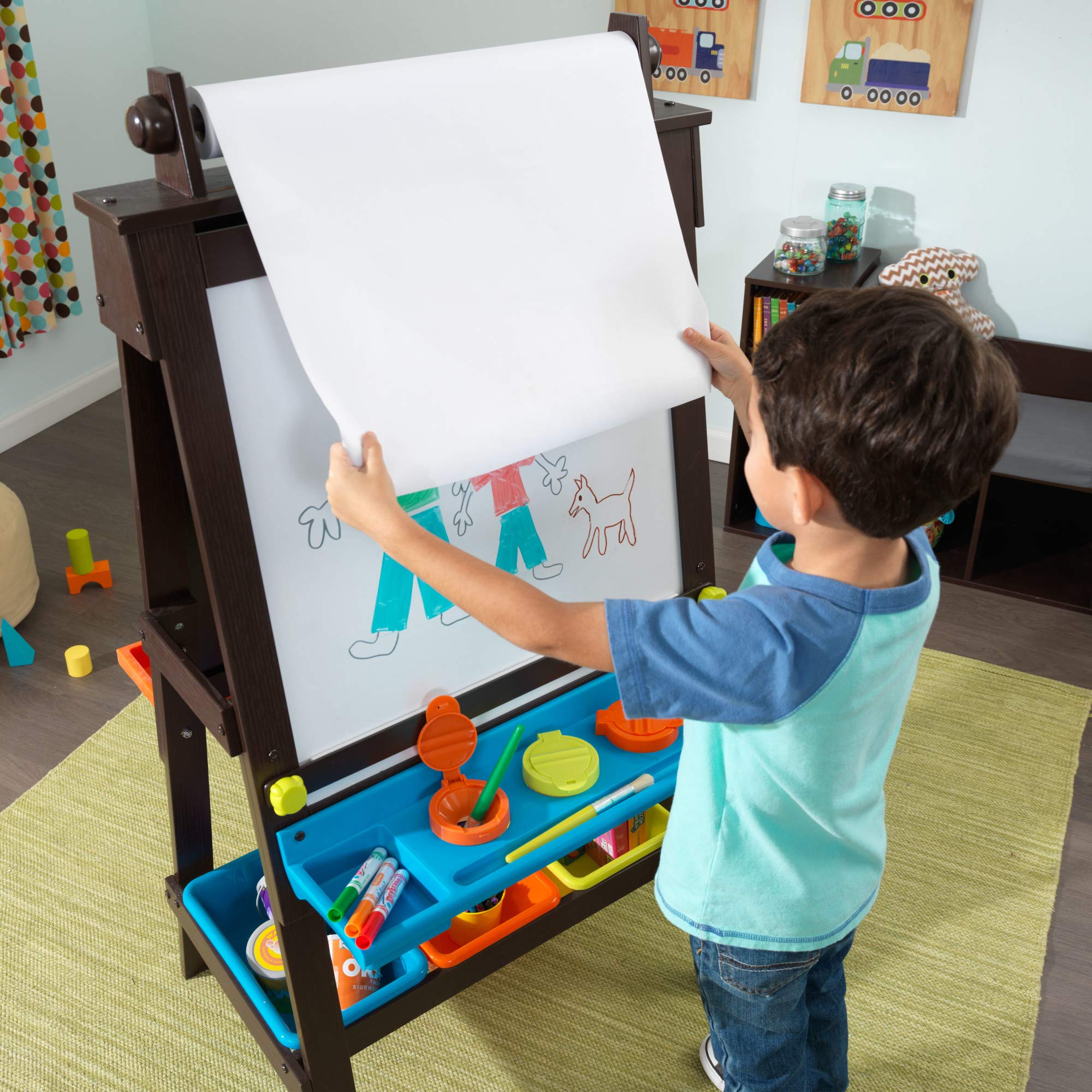KidKraft Wooden Storage Easel with Dry Erase & Chalkboard - Kids Art Station for Drawing & Learning - Espresso Children's Furniture - Perfect Gift for 3+ Year Olds - Ideal for Playroom, Classroom & Homeschool Activities